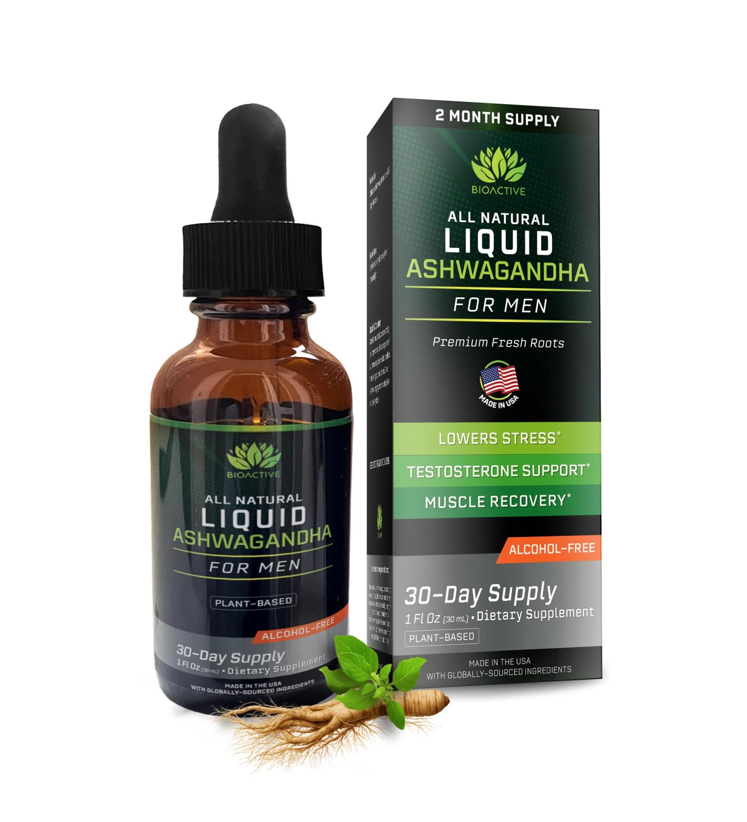 BIOACTIVE Liquid Ashwagandha Supplement Drops - Testosterone Booster For Men* - Adaptogen for Stress Support Men s Wellness - Organic Vegetarian Gluten Free Non-GMO 59 Servings (1 Oz Unflavored) Unflavoured 1 Fl Oz (P  - Buy Online on GoSupps.com