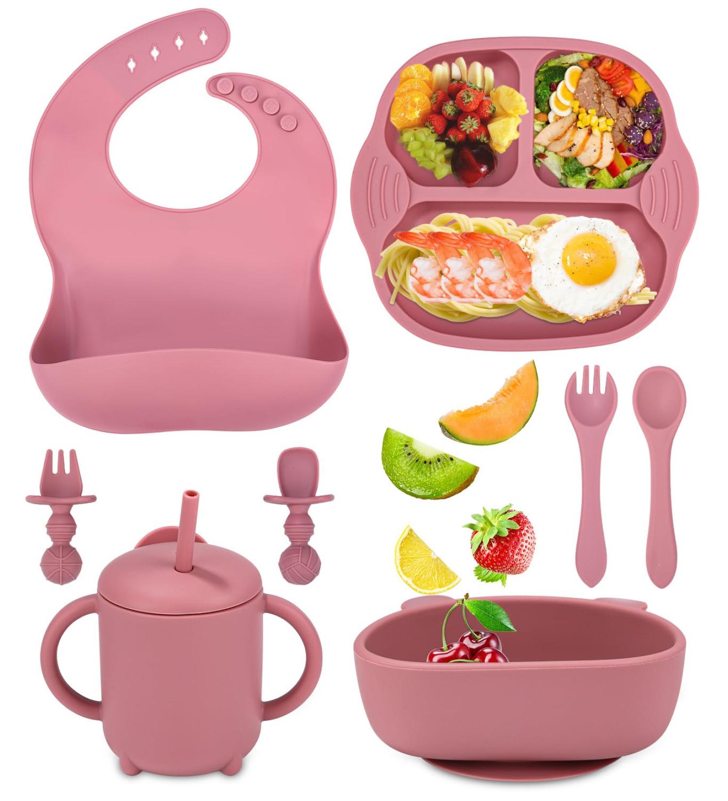 Jissta 8 Pcs Silicone Baby Weaning Set - Suction Bowl, Bib, Cup, Fork & Spoon - Non-Slip, BPA-Free (Pink) - Buy Online on GoSupps.com