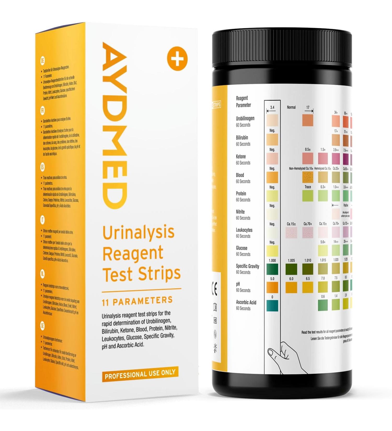 Aidteq Urine Test Strips 11 Parameter Urine Test Strips for Urobilinogen Bilirubin Ketone Blood Protein Specific Gravity pH & Ascorbic Acid 100 pieces - Buy Online on GoSupps.com