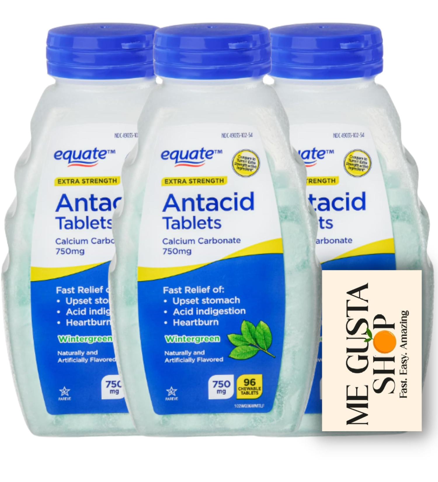 Equate Extra Strength Antacid Chewable Wintergreen Tablets 750 mg 96 Ct Pack of 03 Total 288ct + me Gusta Sticker - Buy Online on GoSupps.com