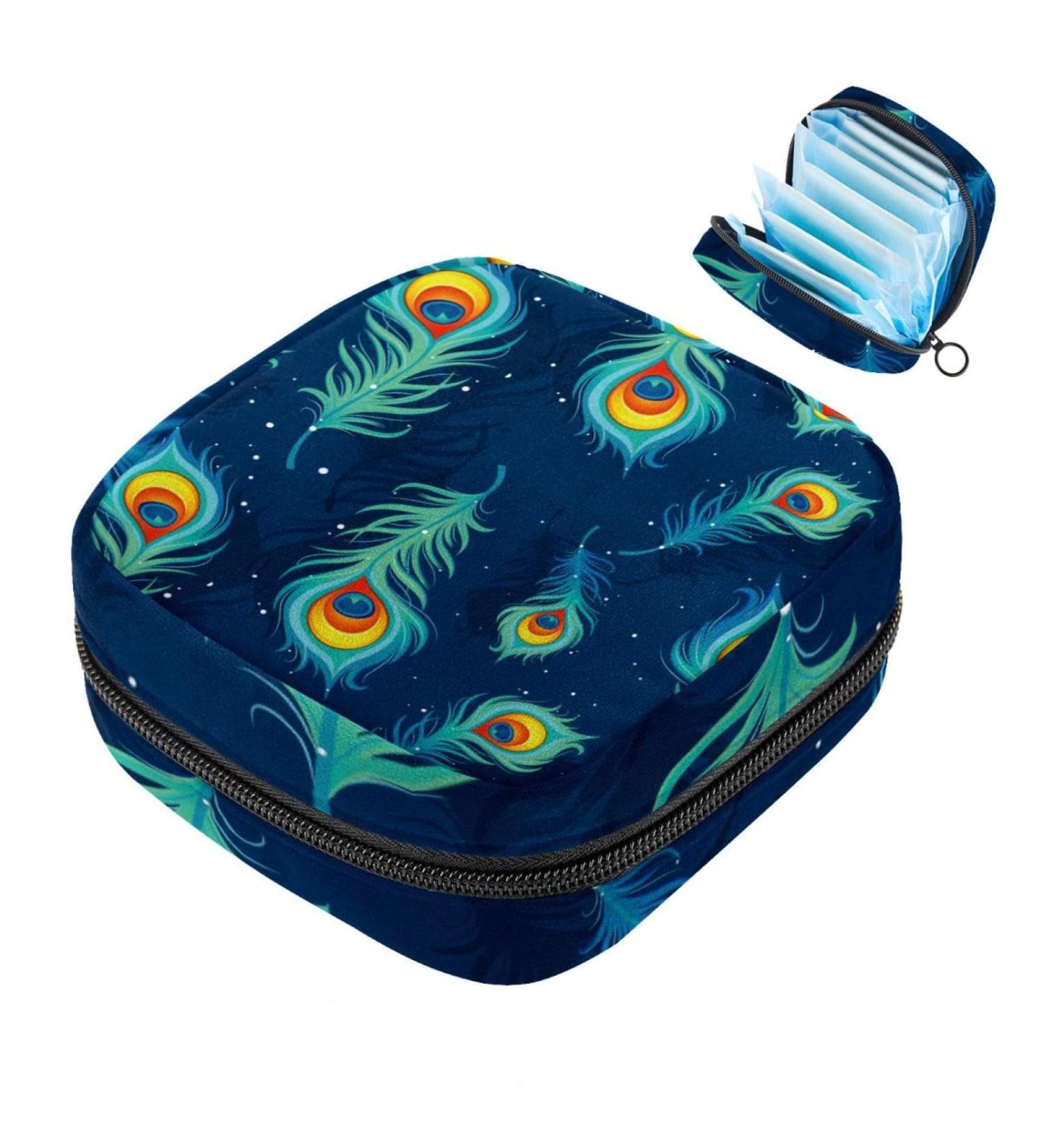 Buy Stylish Storage Bags for Women's Essentials - Peacock Feathers on Navy Blue | Portable Menstrual Pad Pocket Tampons & More - Buy Online on GoSupps.com