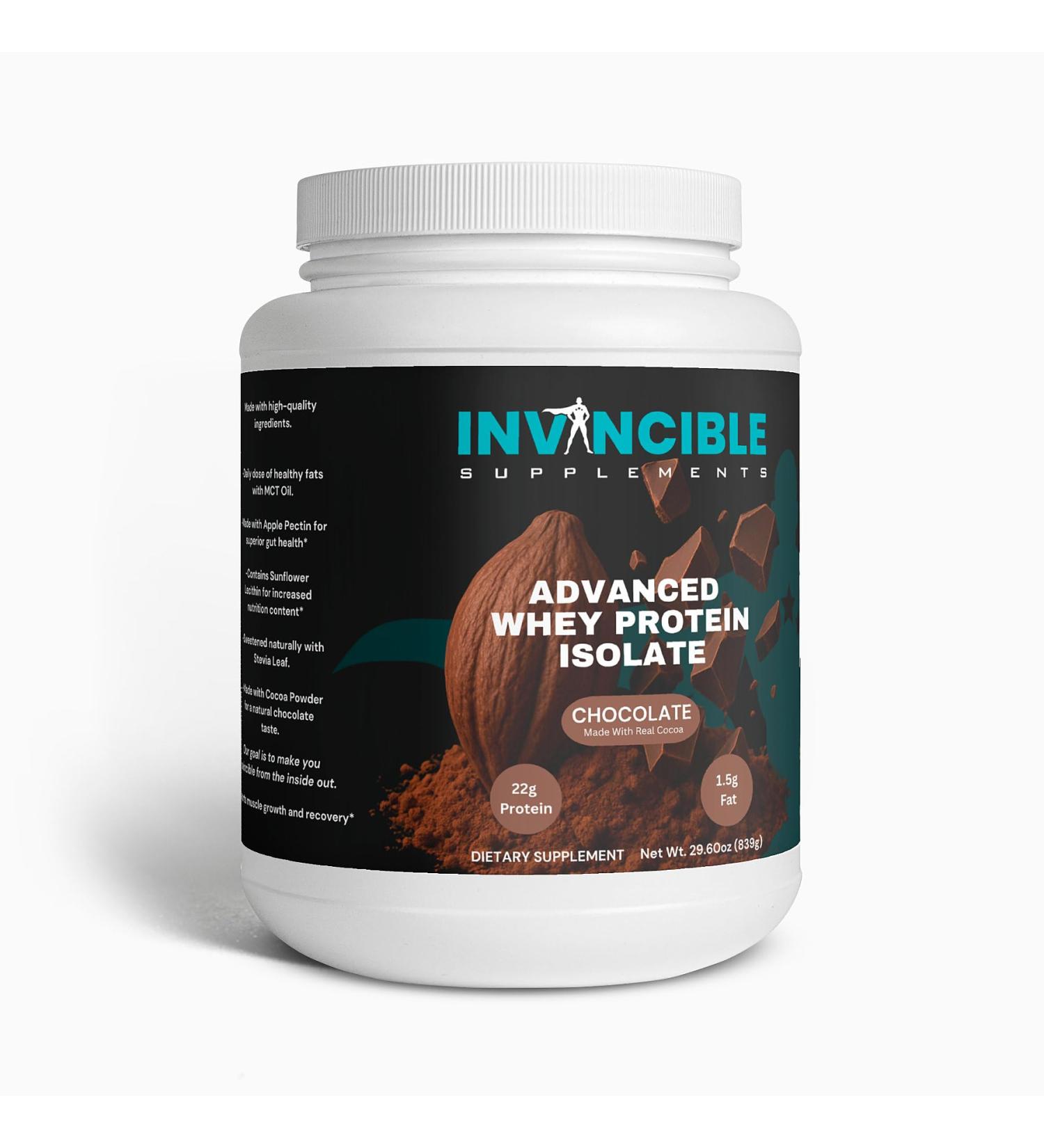 Invincible Supplements Advanced Whey Protein Isolate Chocolate 22g Protein MCT Oil Digestive Support Non-GMO Made with Cocoa Post Workout Recovery Shake - Buy Online on GoSupps.com