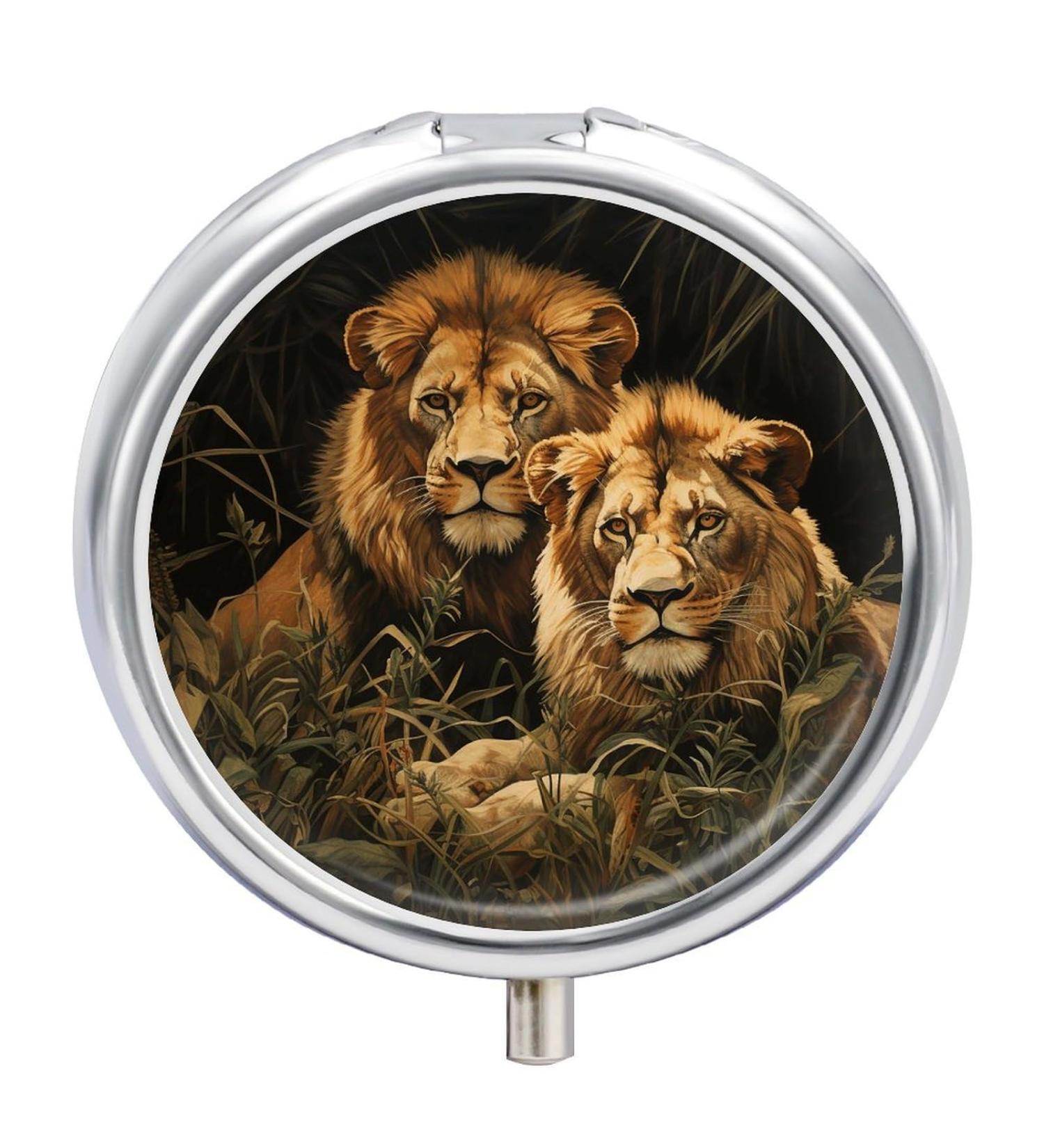 Round Pill Box with Two Lions Print - 3 Compartment Portable Medicine Organizer | Decorative Metal Pocket Pill Case - Buy Online on GoSupps.com