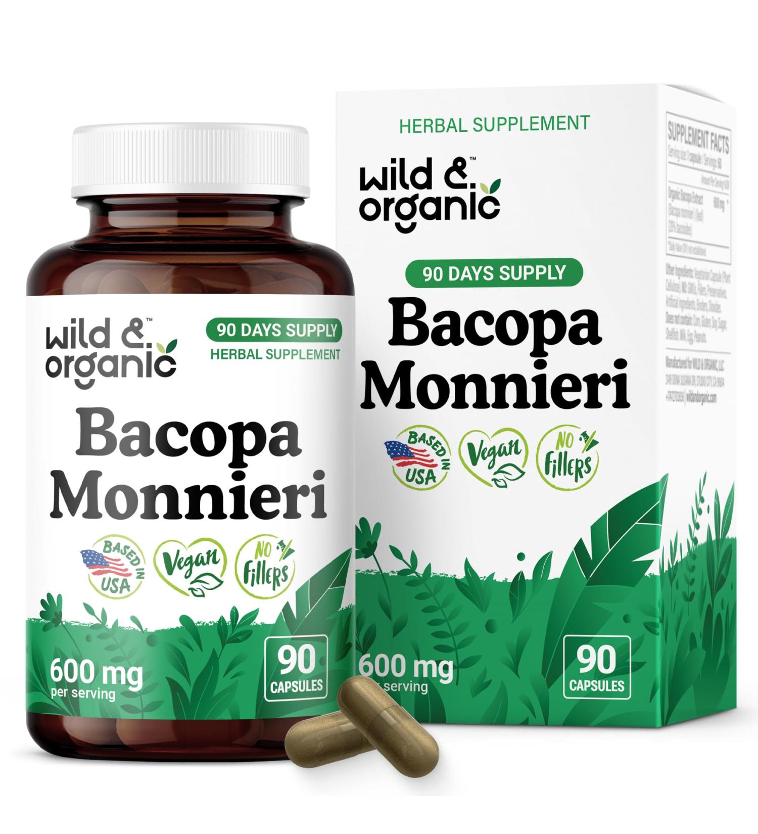 Wild & Organic Bacopa Capsules 600 mg - Brain Support - Natural Bacopa Monnieri Supplement - Brahmi Capsules - 90 Days of Supply - Vegan No Fillers Non-GMO - 90 Count 90 Count (Pack of 1) - Buy Online on GoSupps.com