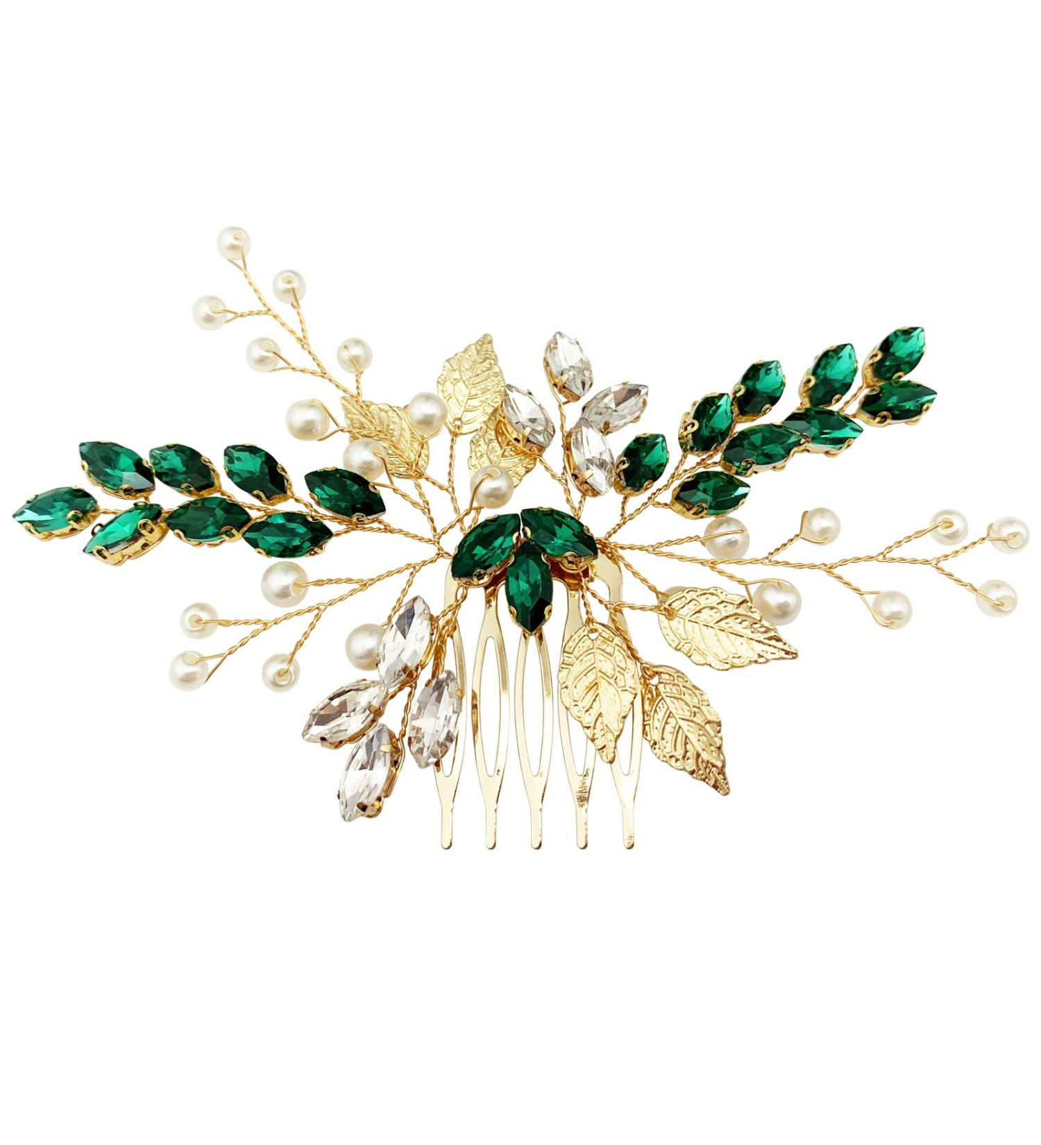 Bride Wedding Hair Comb - Crystal Rhinestone Pearls Silver Leaf Hair Piece, Green Homecoming Party Accessory - Buy Online on GoSupps.com