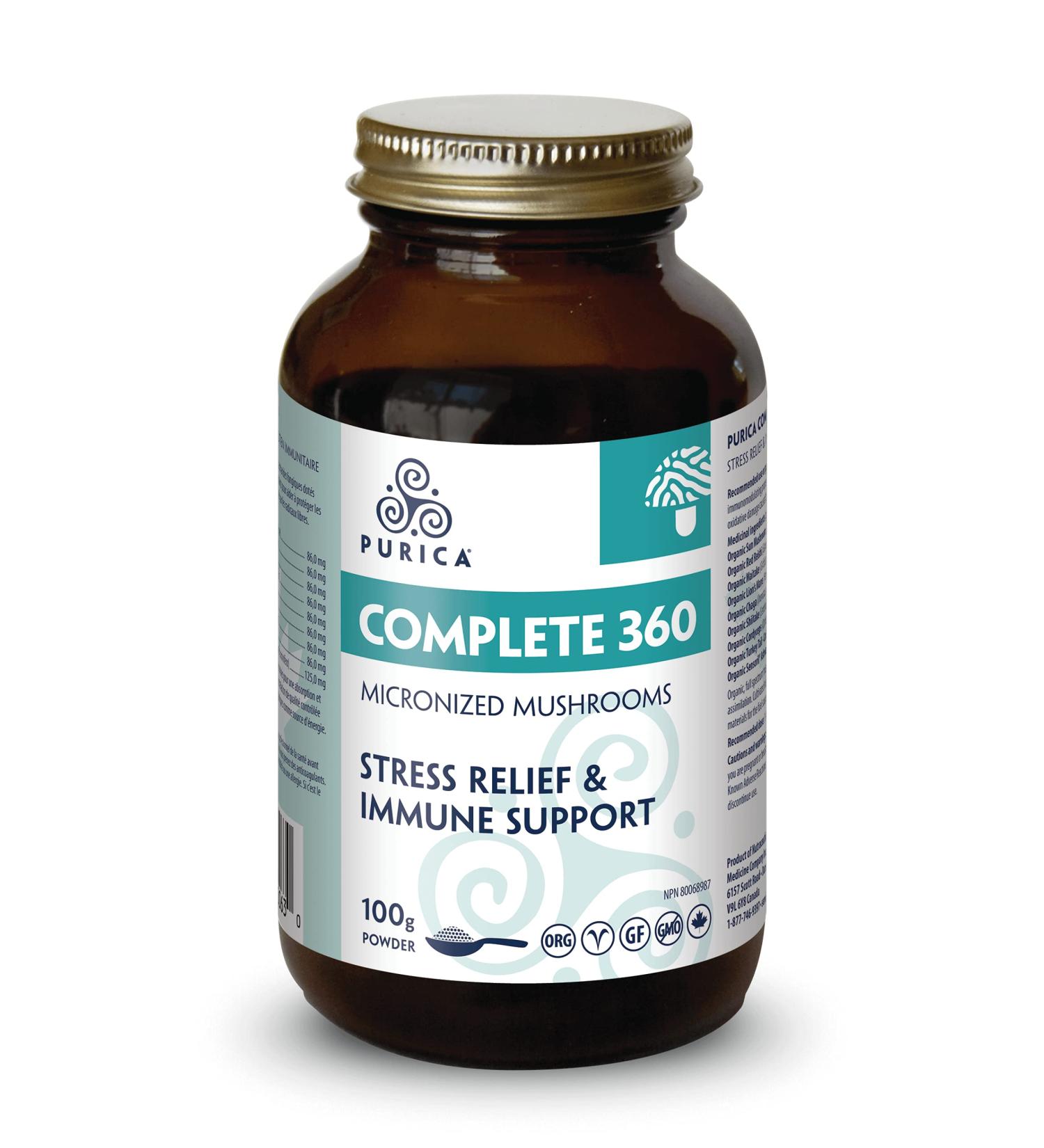 PURICA Complete 360 Organic Mushroom Blend Supplement - Reishi Lions Mane Chaga Shiitake Maitake Cordyceps Turkey Tail Sun Mushroom and Ashwagandha - 100 grams 100 g (Pack of 1) - Buy Online on GoSupps.com