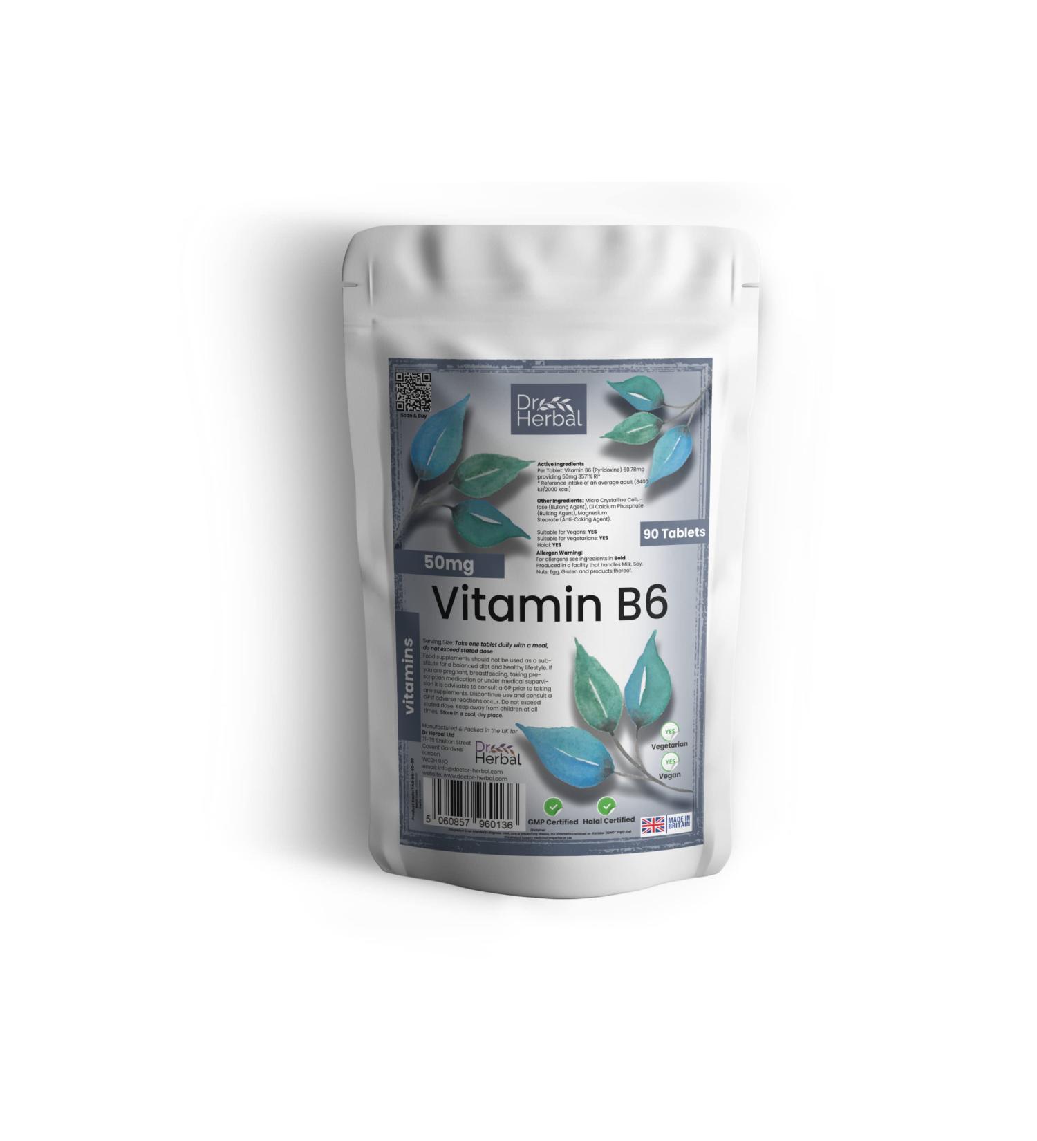 90 x Dr Herbal Vitamin B6 Tablets Pyridoxine Vegan