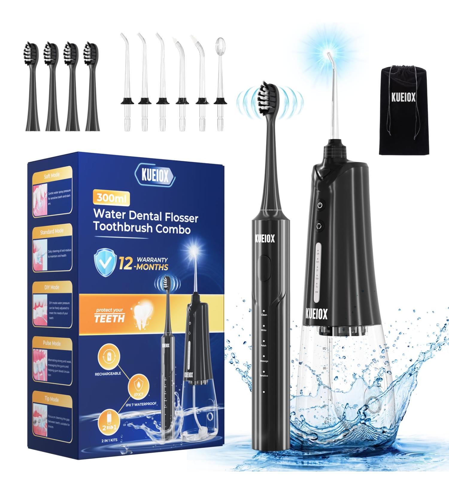 Electric Toothbrush & Portable Water Flosser Set - 320ML 5 Modes 6 Jet Tips IPX7 Waterproof - Perfect for Travel & Dental Care (Black - Buy Online on GoSupps.com