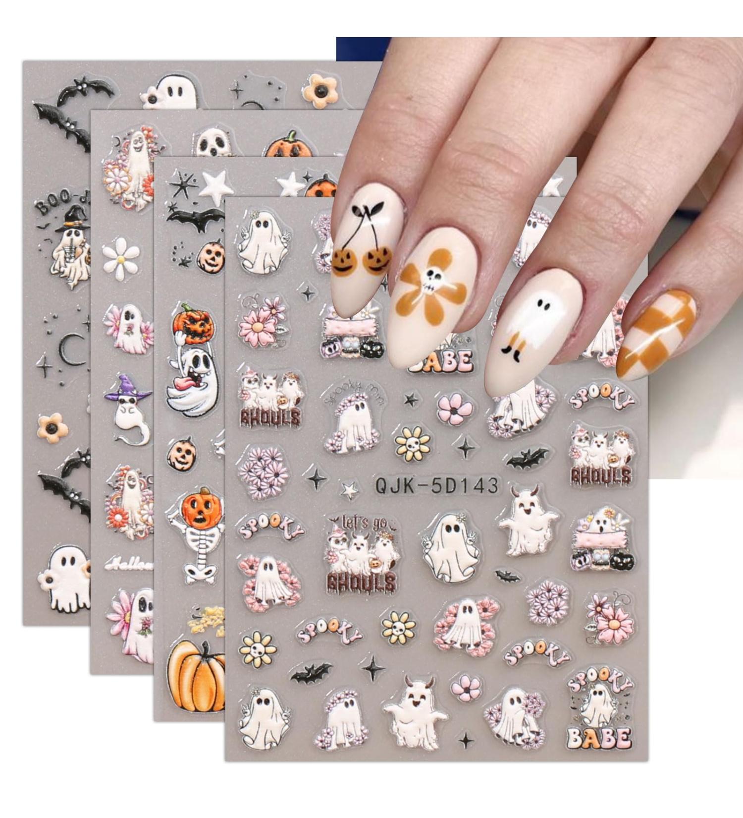 JMEOWIO 3D Halloween Nail Art Stickers - Self-Adhesive 5D Ghost & Star Design - Cute Nail Decoration Supplies (4 Sheets - Buy Online on GoSupps.com