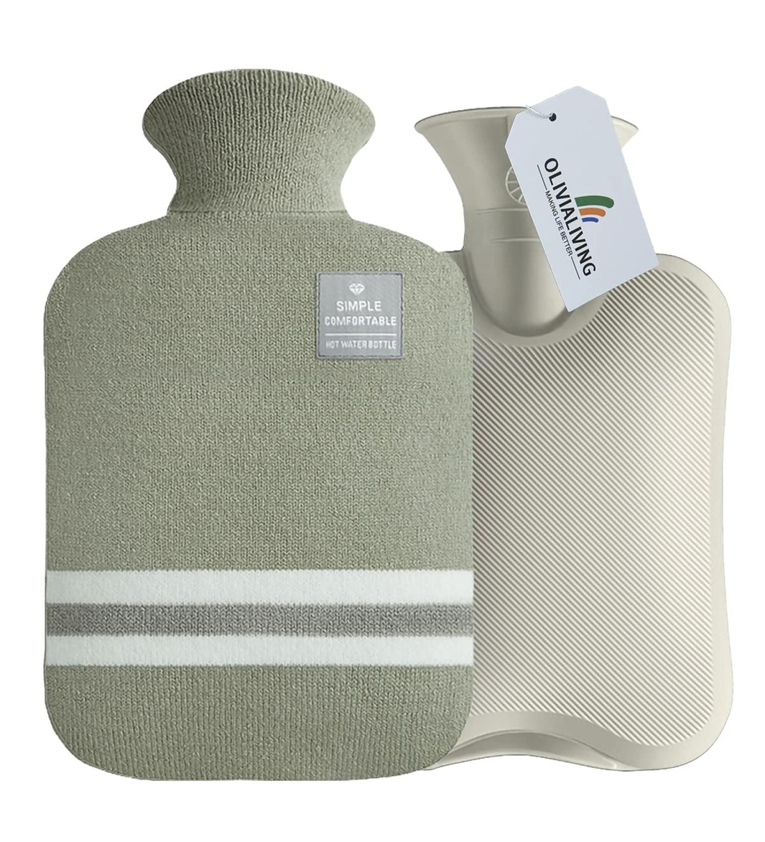 Olivialiving 2L Hot Water Bottle with Classic Striped Cover - Pea Green | Relief for Menstrual Cramps Neck & Shoulder Pain | Heat & Cold Therapy Hand/Foot Warmer - Buy Online on GoSupps.com