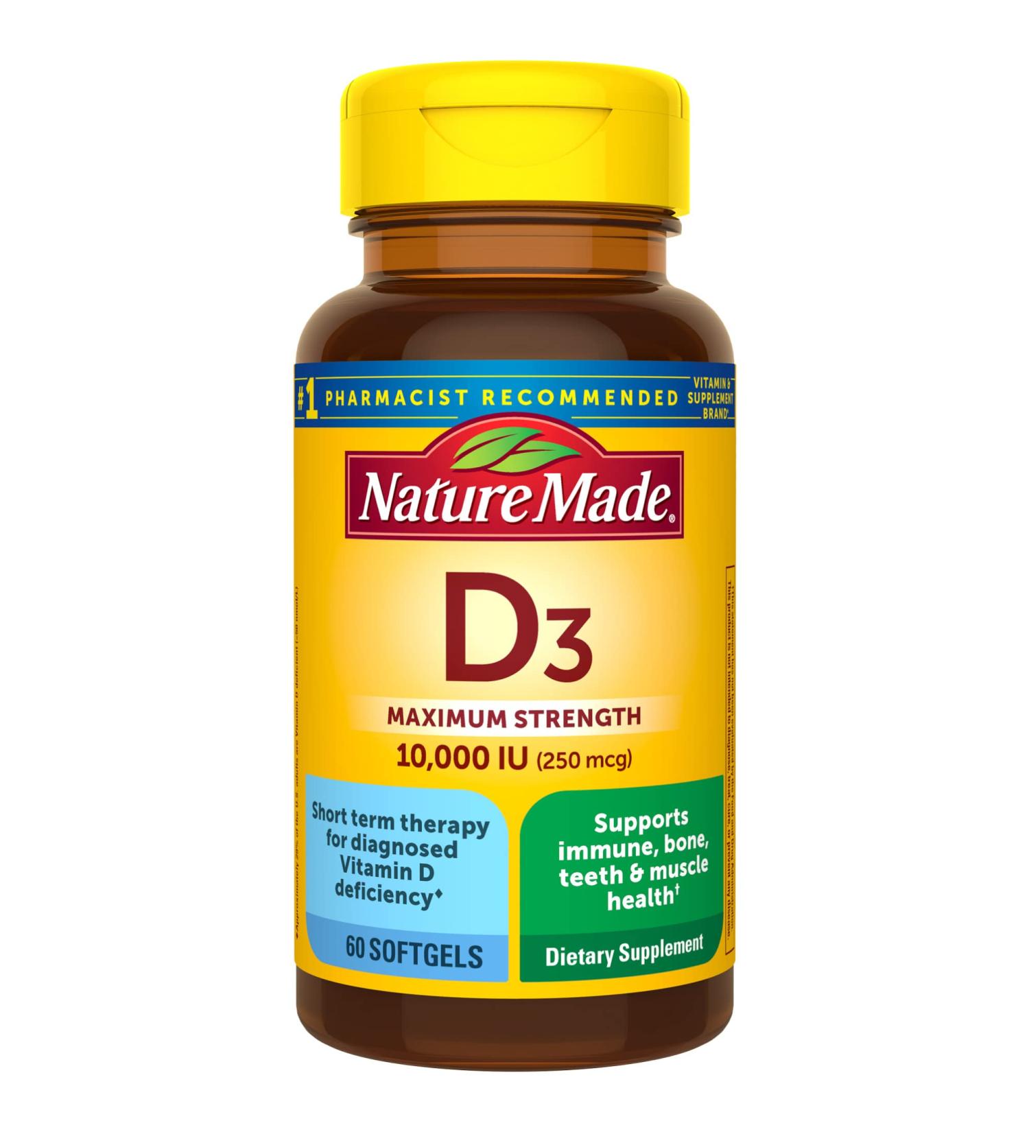 Nature Made Maximum Strength Vitamin D3 10000 IU | Bone, Teeth, Muscle & Immune Support | 60 Softgels - Buy Online on GoSupps.com