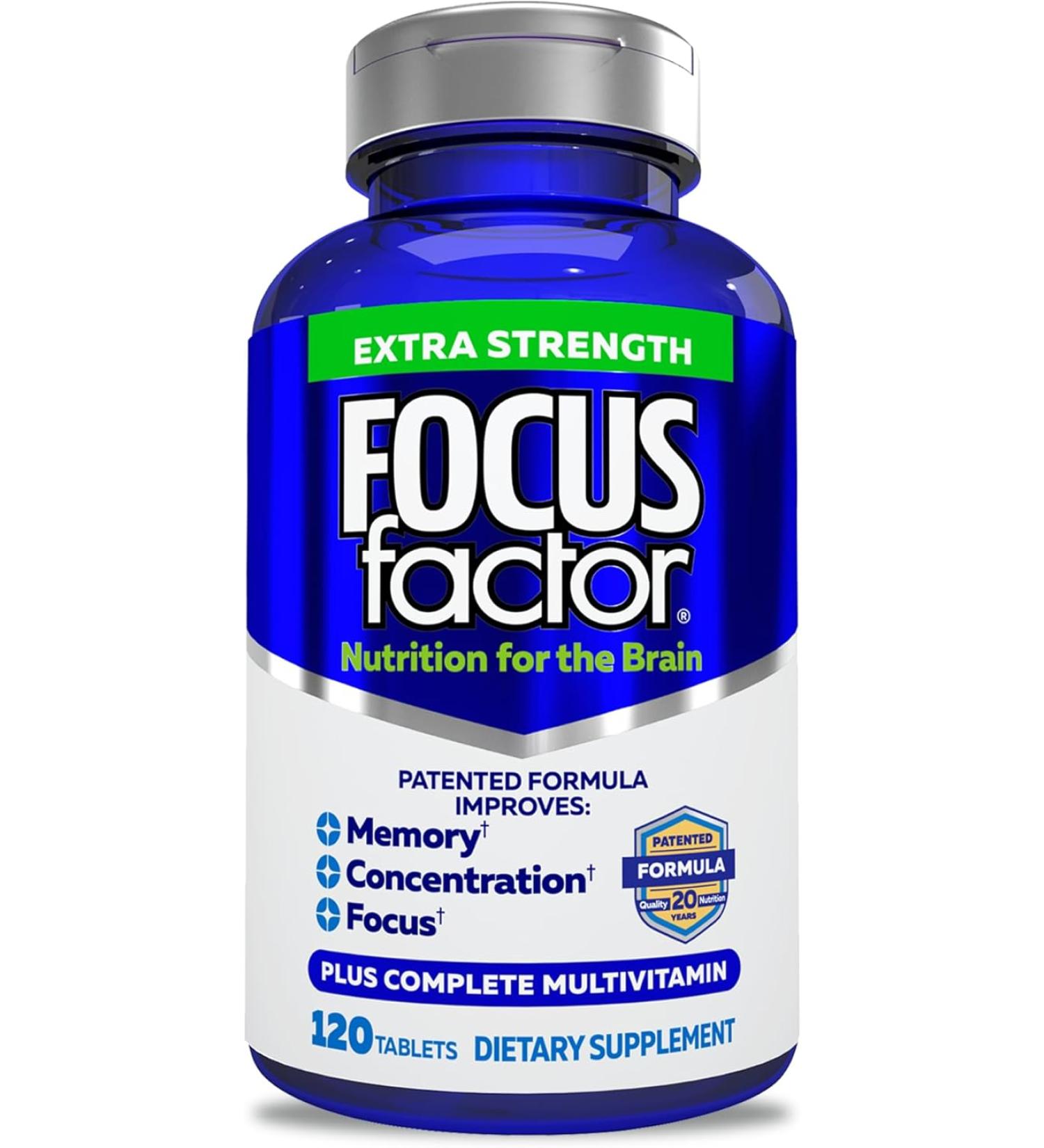 Focus Factor Extra Strength 120 Count - Brain Supplement for Memory, Concentration, and Focus - Multivitamin with DMAE, Vitamin D, DHA - Trusted Brain Health Supplement | 1 Pack - Buy Online on GoSupps.com