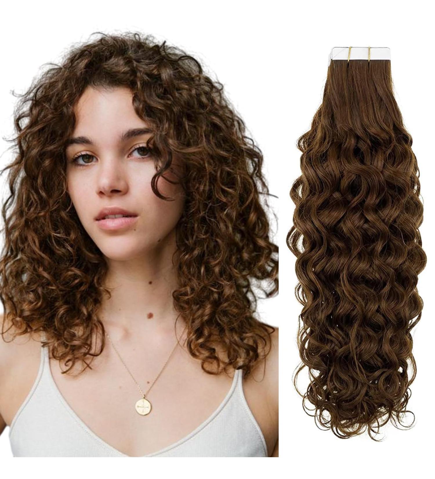 Runature Remy Tape In Hair Extensions - Brown Curly Invisible 14 Inch (35cm) Real Hair - 20 Pieces | 50g TP#4-NW - Buy Online on GoSupps.com