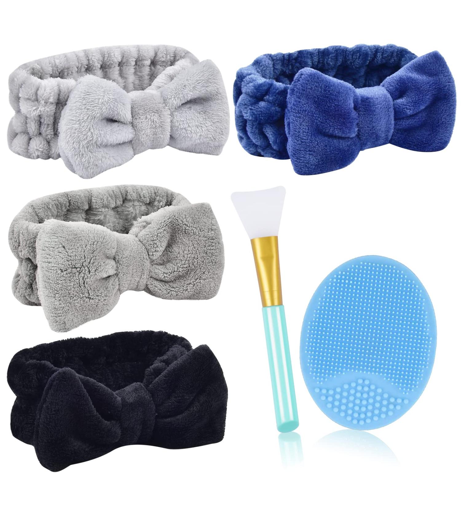 4Pack Spa Headband MORGLES Facial Makeup Headband Bowknot Elastic Headband with Face Scrubber& Face Mask Brush for Women Washing Face and Skincare (Gray White Black Blue) Style 2 - Buy Online on GoSupps.com