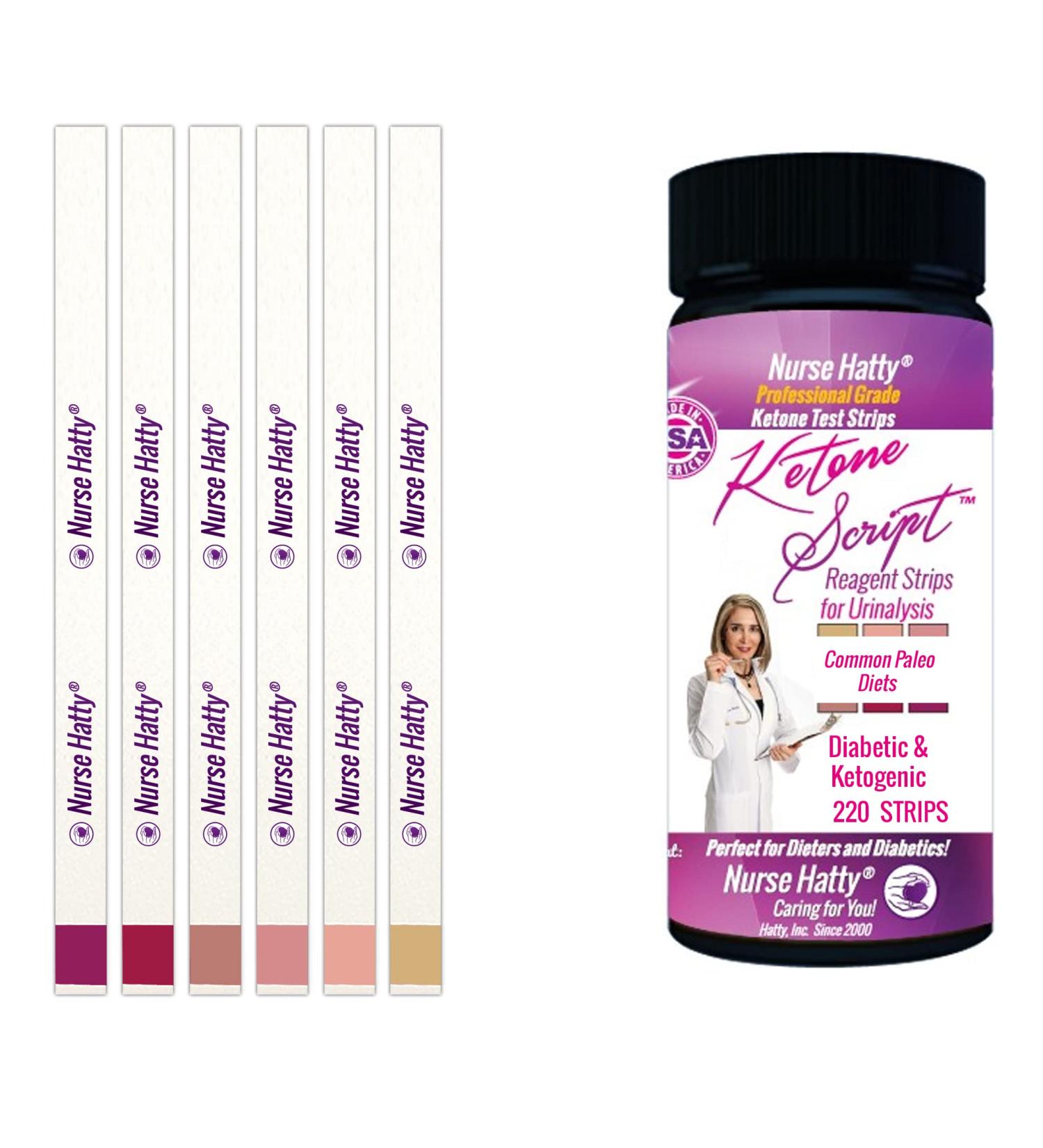 Nurse Hatty 220ct. Ketone Script Ketone Test Strips - URS-1K (Ketone Test) Urinalysis - for People with Diabetes, Diabetics, Ketogenic & Common Paleo Dieters - Extra-Long Strips
