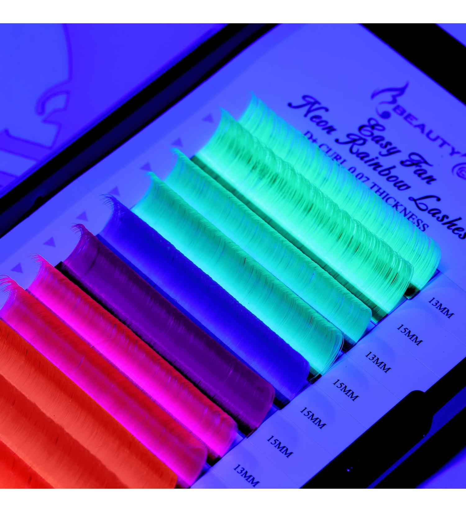 Neon Colored Easy Fan Lash Extensions D+ Curl 0.07mm Mixed Length 13mm-15mm Blue Purple Yellow Green Pink Orange and Dark Orange Rainbow Faux Mink Eyelashes Beauty7 - Buy Online on GoSupps.com