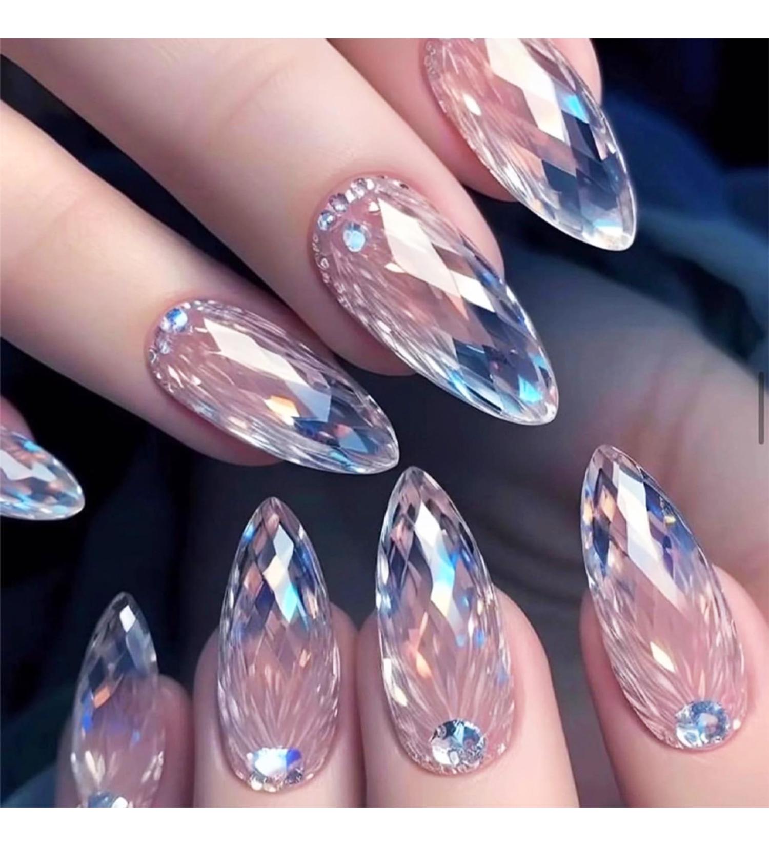 Rhinestones Press on Nails - Glossy Blue Gradient Acrylic False Nails | 24Pcs Medium Almond Design for Women & Girls - Buy Online on GoSupps.com
