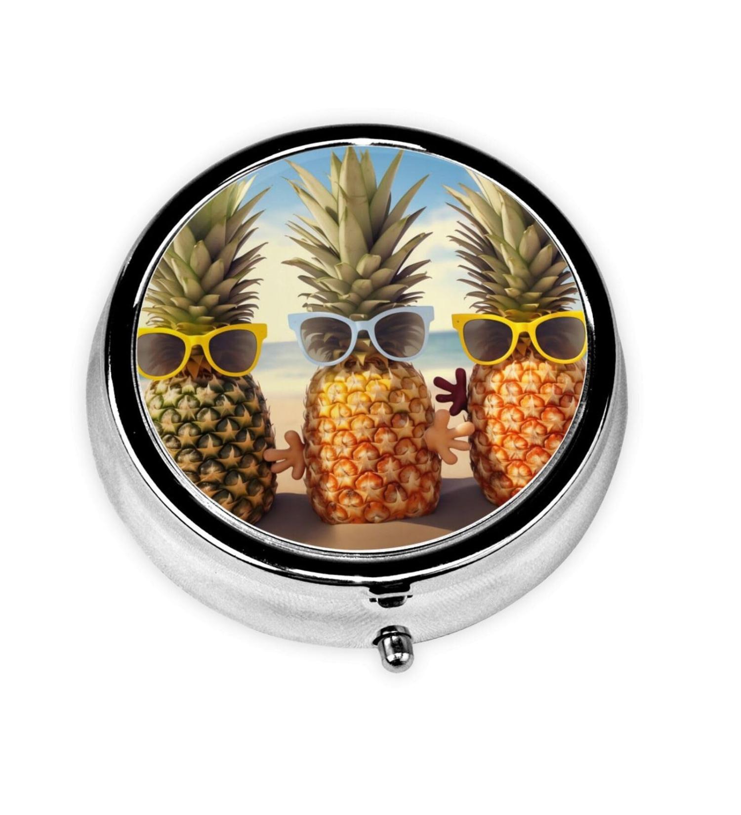 Three Pineapples Pill Box - Portable Metal Organizer with Glasses Design 3 Compartment for Small Pills - Perfect Travel Accessory - Buy Online on GoSupps.com
