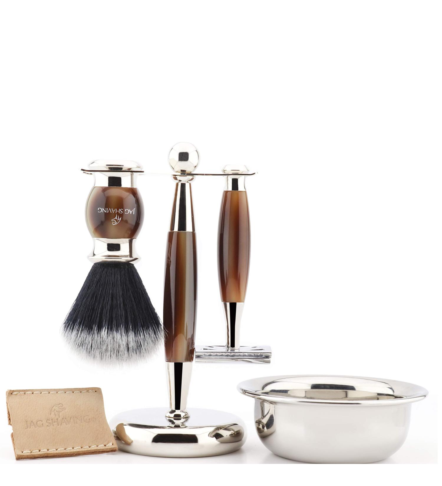 Jag Men's Shaving Set Double Edge Safety Razor with Leather Case Black Synthetic Shaving Brush Bowl and Stand