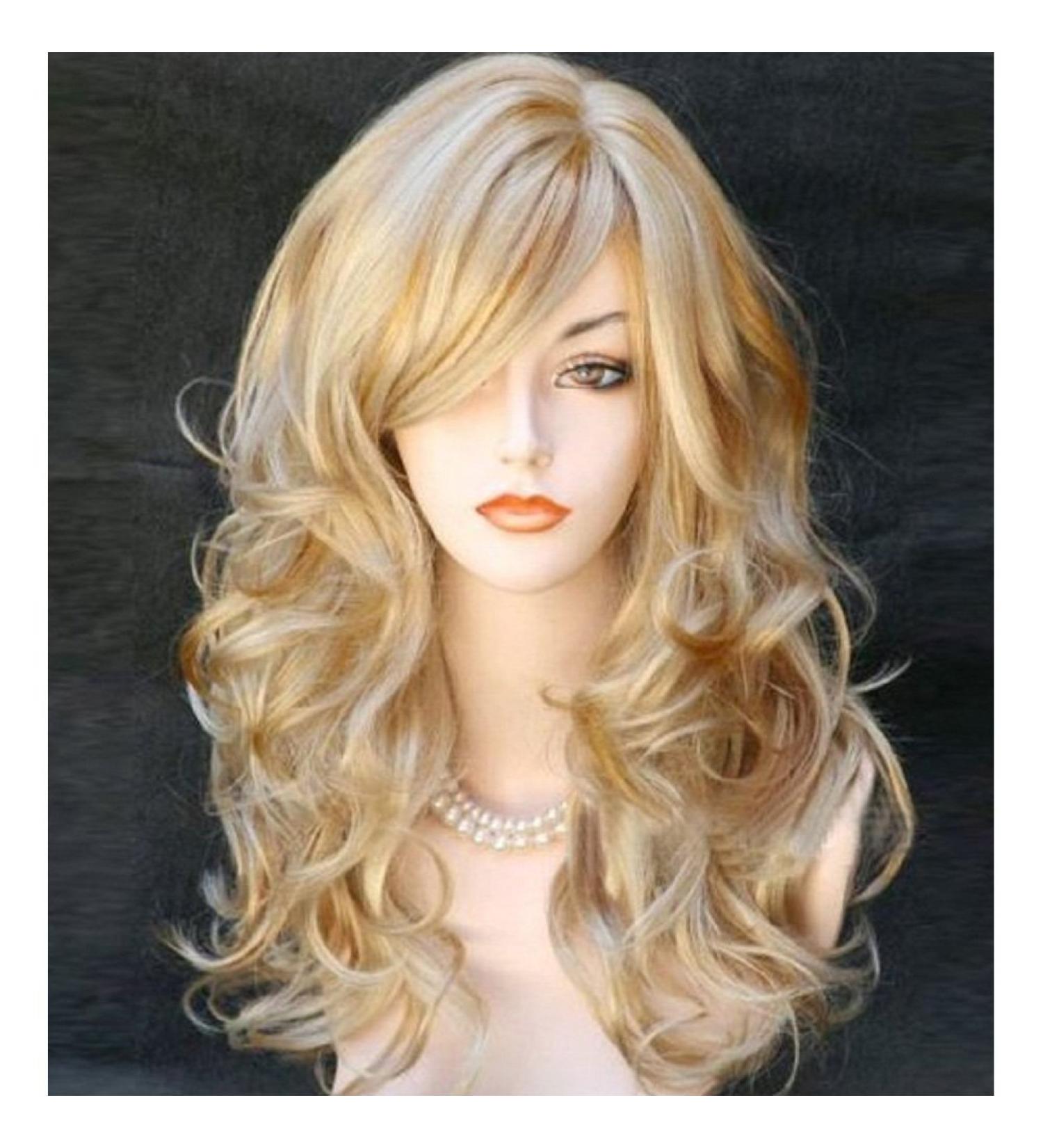 Beron 21 Long Curly Wavy Blonde Wig with Bangs - Halloween Cosplay Costume Party Perruque (Mixed Blonde) - Buy Online on GoSupps.com