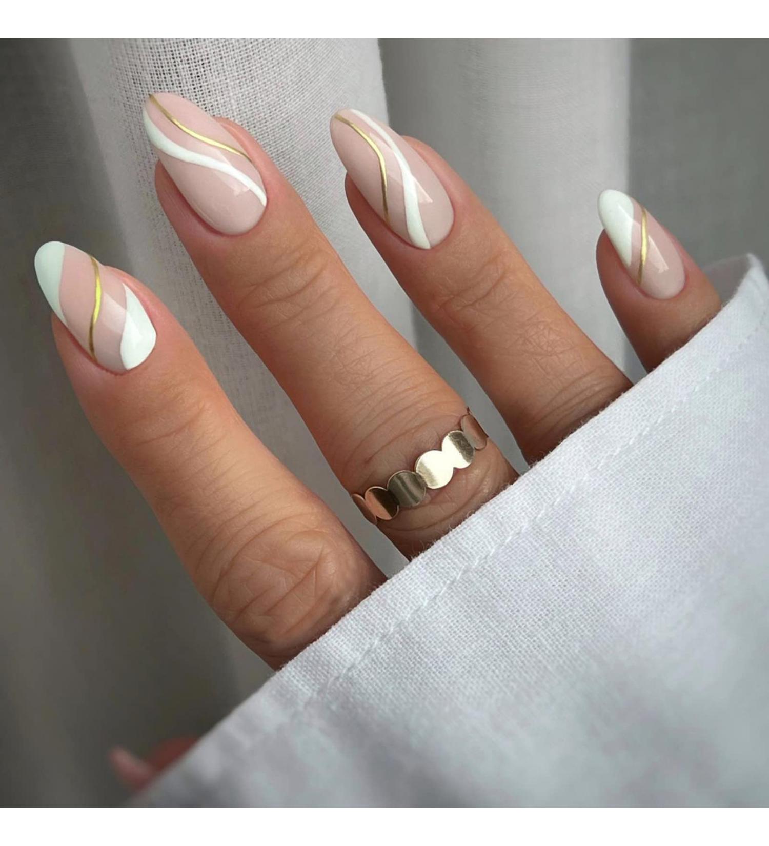 Justotry 24 Pcs Gold Wavy Stiletto Press On Nails | Short White French Almond Fake Nails for Women - Medium Artificial Fingernails - Buy Online on GoSupps.com
