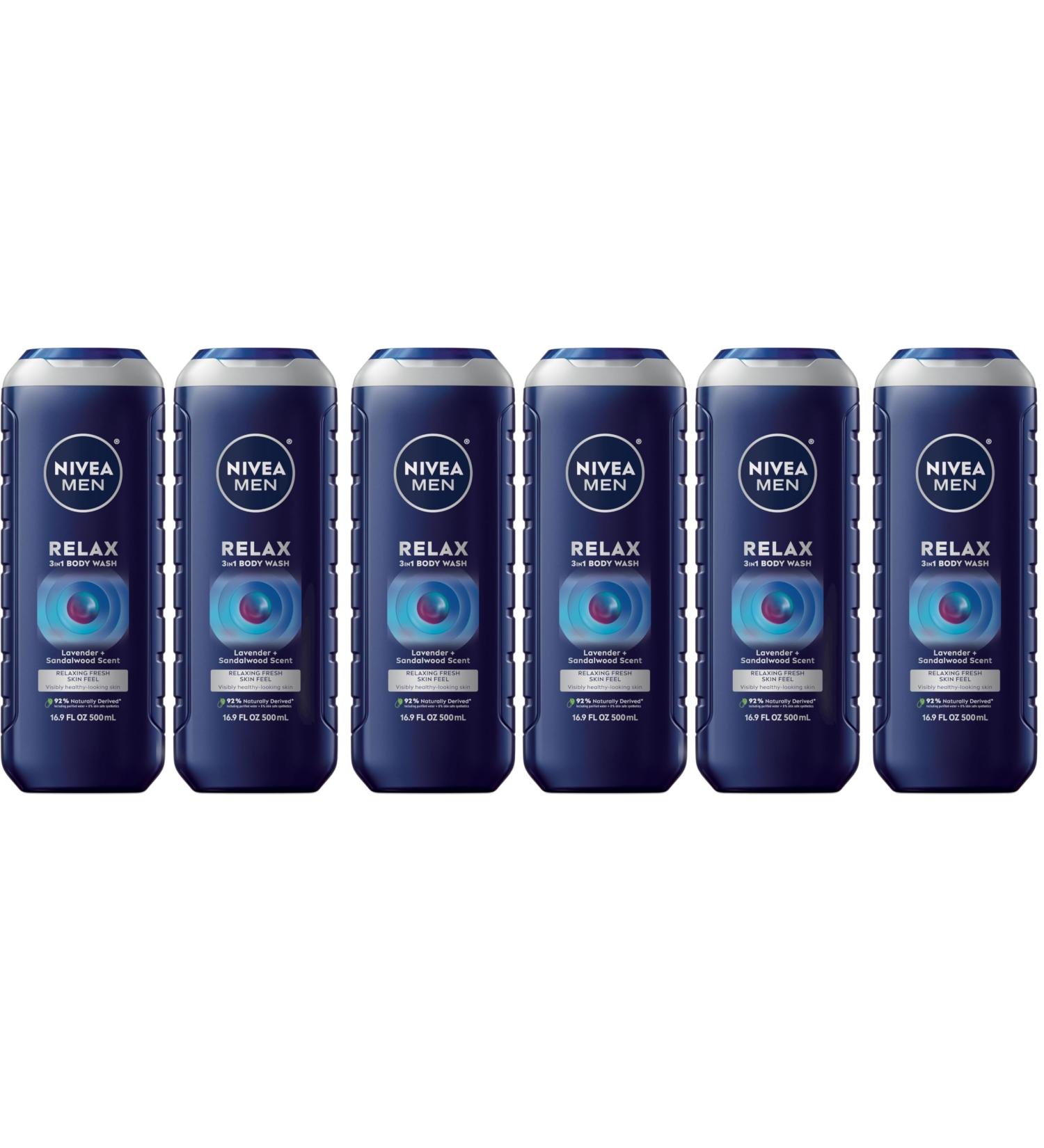 Nivea Men Relax 3-in-1 Body Wash Lavender and Sandalwood Scented Men's Body Wash Cleanses Face Body and Hair 16.9 Fl Oz Bottle Pack of 6 16.9 Fl Oz (Pack of 6) - Buy Online on GoSupps.com