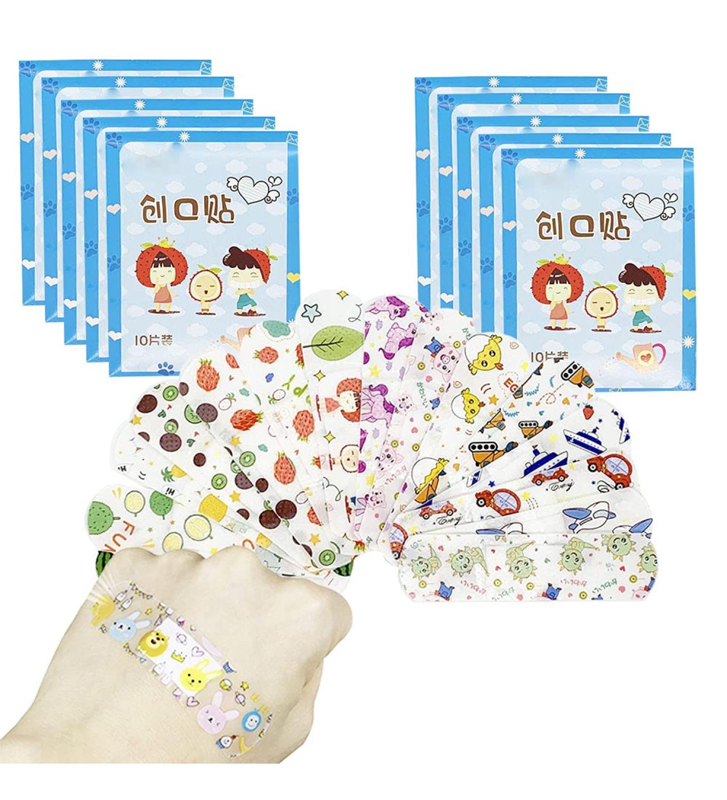 100PCS Transparent Cartoon Bandages for Kids | 10 Patterns | Fabric Adhesive & Breathable First Aid Kit - Blue Cartoon Packaging - Buy Online on GoSupps.com