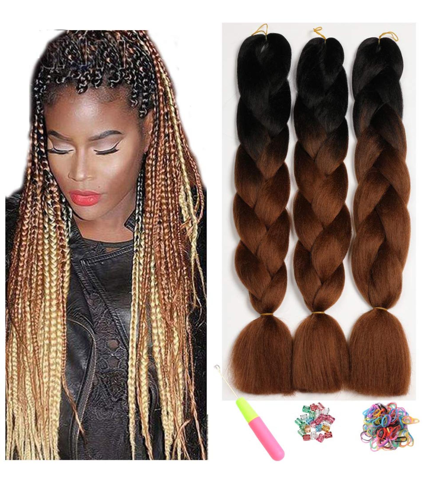 Showjarlly Kanecalon Hair Braids Extensions - Ombre Jumbo Braid 24 | Box Braids in Black/Dark Brown - 3 Pack KanCalon Kunsthaar - Buy Online on GoSupps.com