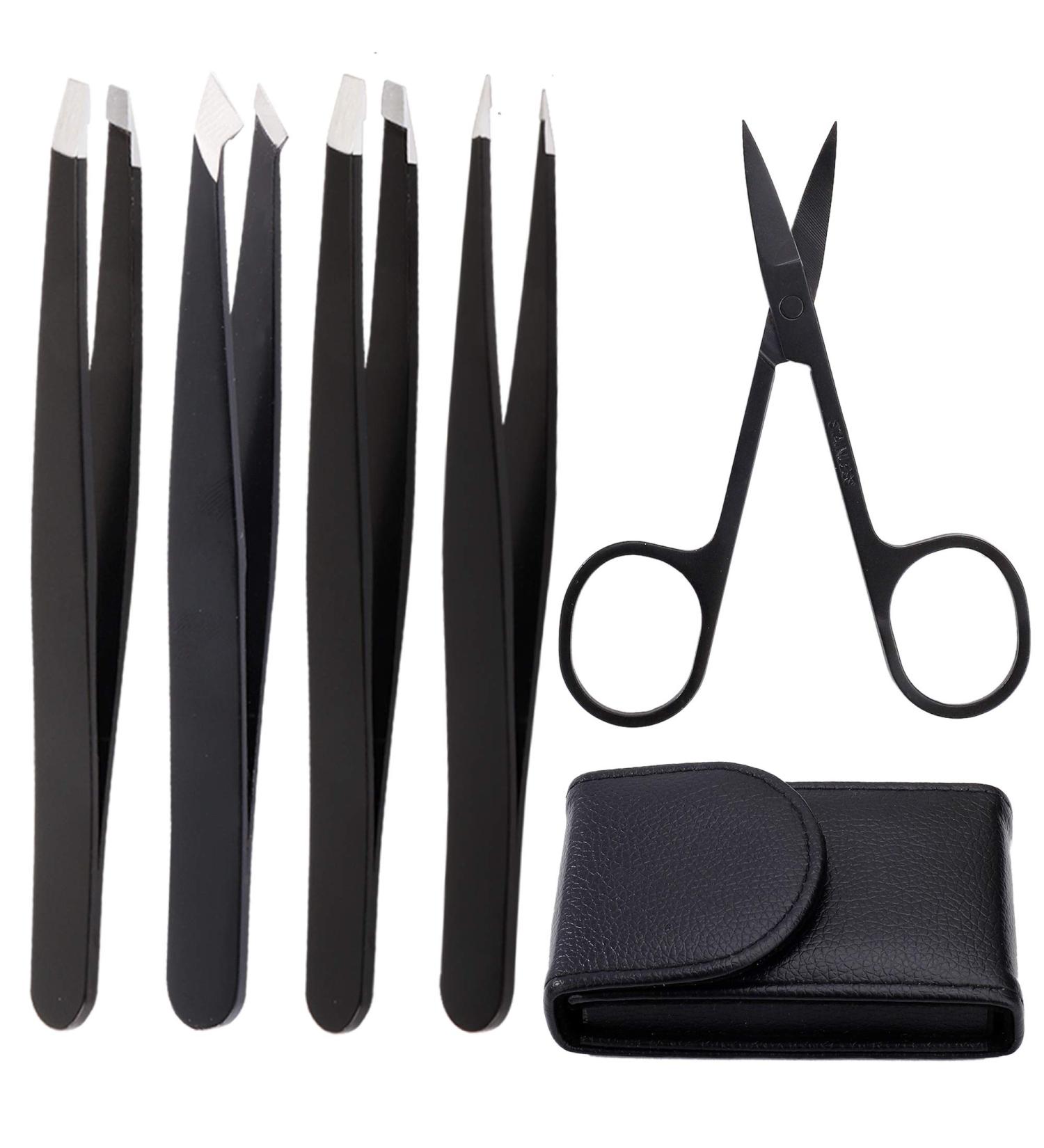 5-Ply Stainless Steel Tweezers Set for Eyelash Extensions & Hair Removal | Pointed Sloping Scissors + Leather Bag - International Shipping Available - Buy Online on GoSupps.com