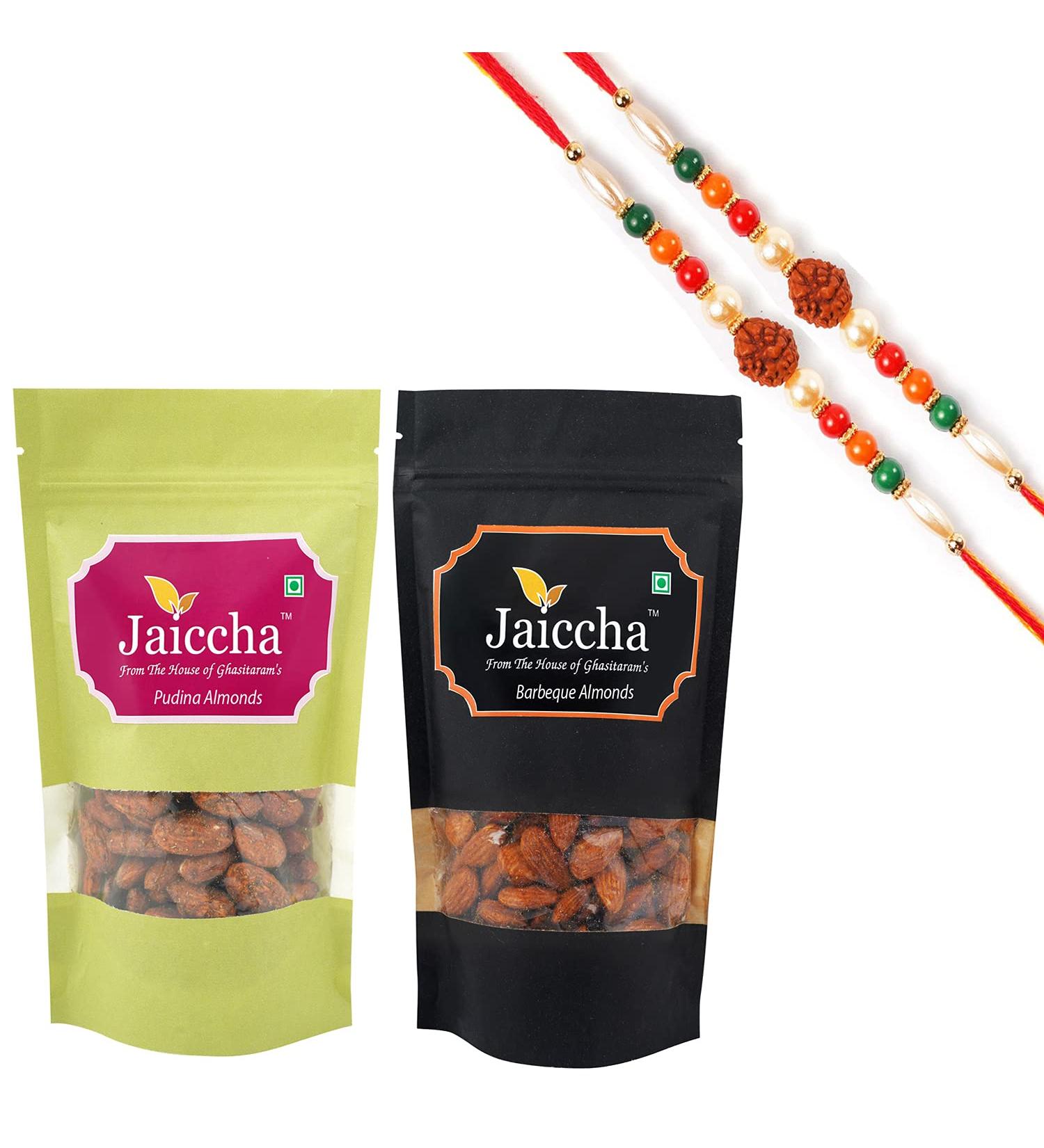 Jaiccha Ghasitaram Rakhi Gifts for Brothers Rakhi Dryfruits - Pack of 2 Pudina Barbeque Almonds Pouches Small 200 GMS with 2 Rudraksh rakhis - Buy Online on GoSupps.com