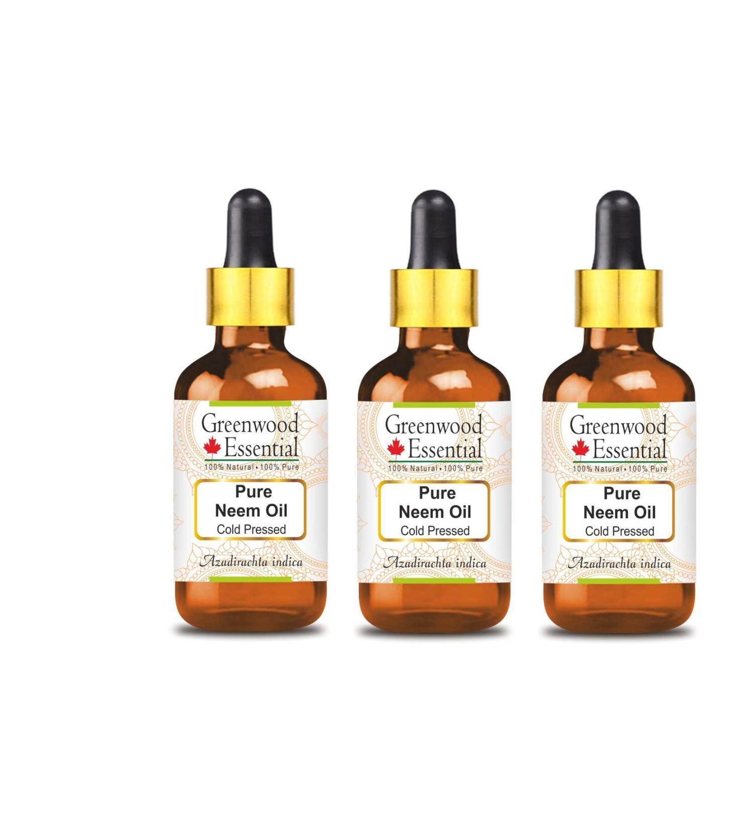 Greenwood Essential Neem Oil - Pure & Natural Azadirachta Indica Cold-Pressed Pack of 3 (100ml x 3) - Therapeutic Quality Essential Oil for Skincare & Health - Buy Online on GoSupps.com