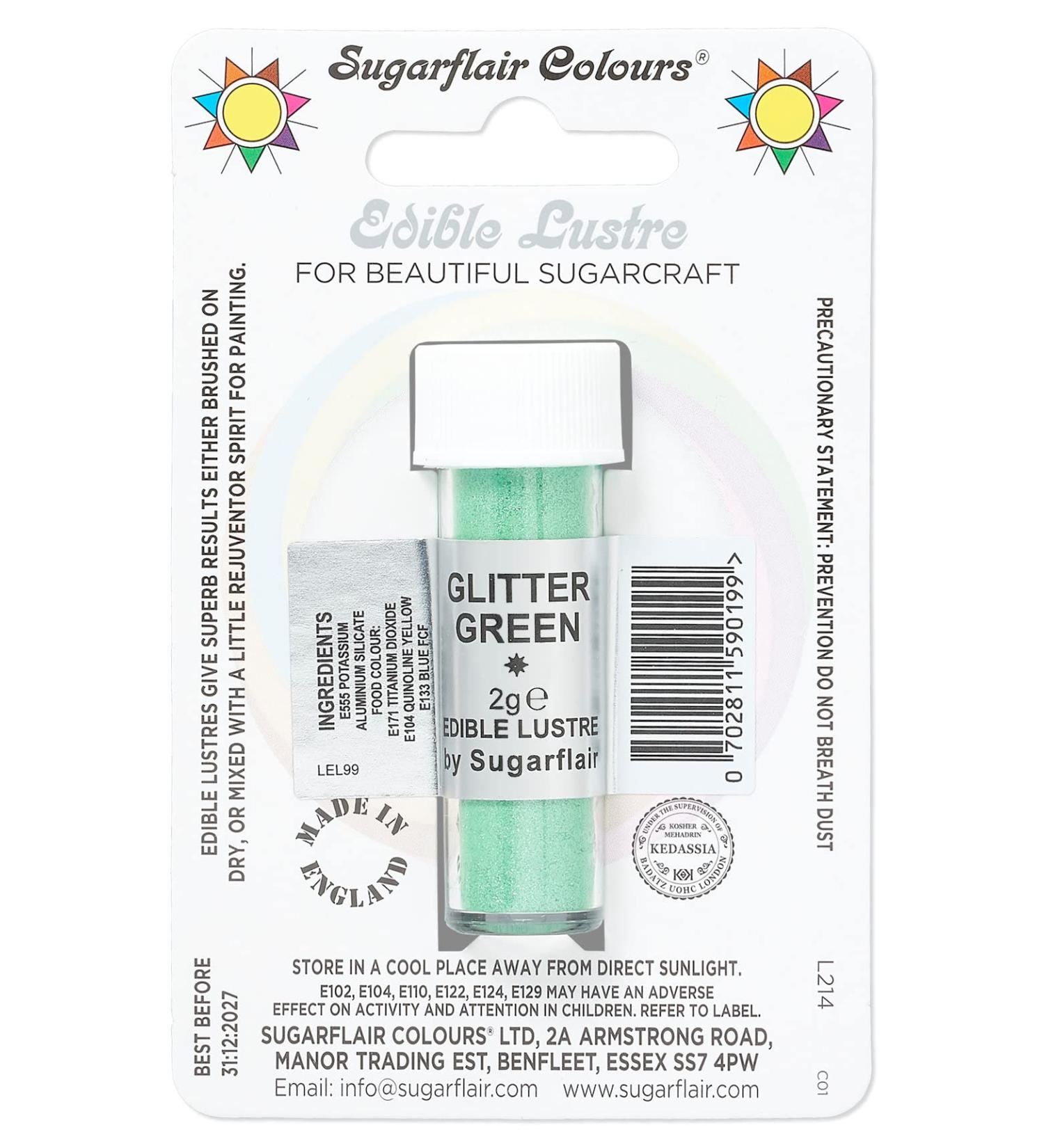 Sugarflair Glitter Green Edible Lustre Dust Add a Lustrous Shine to Cakes or Decorations. Brush On or Add Rejuvenator to Create Eye-Catching Edible Paint Gives Shine to Your Bakes - 2g