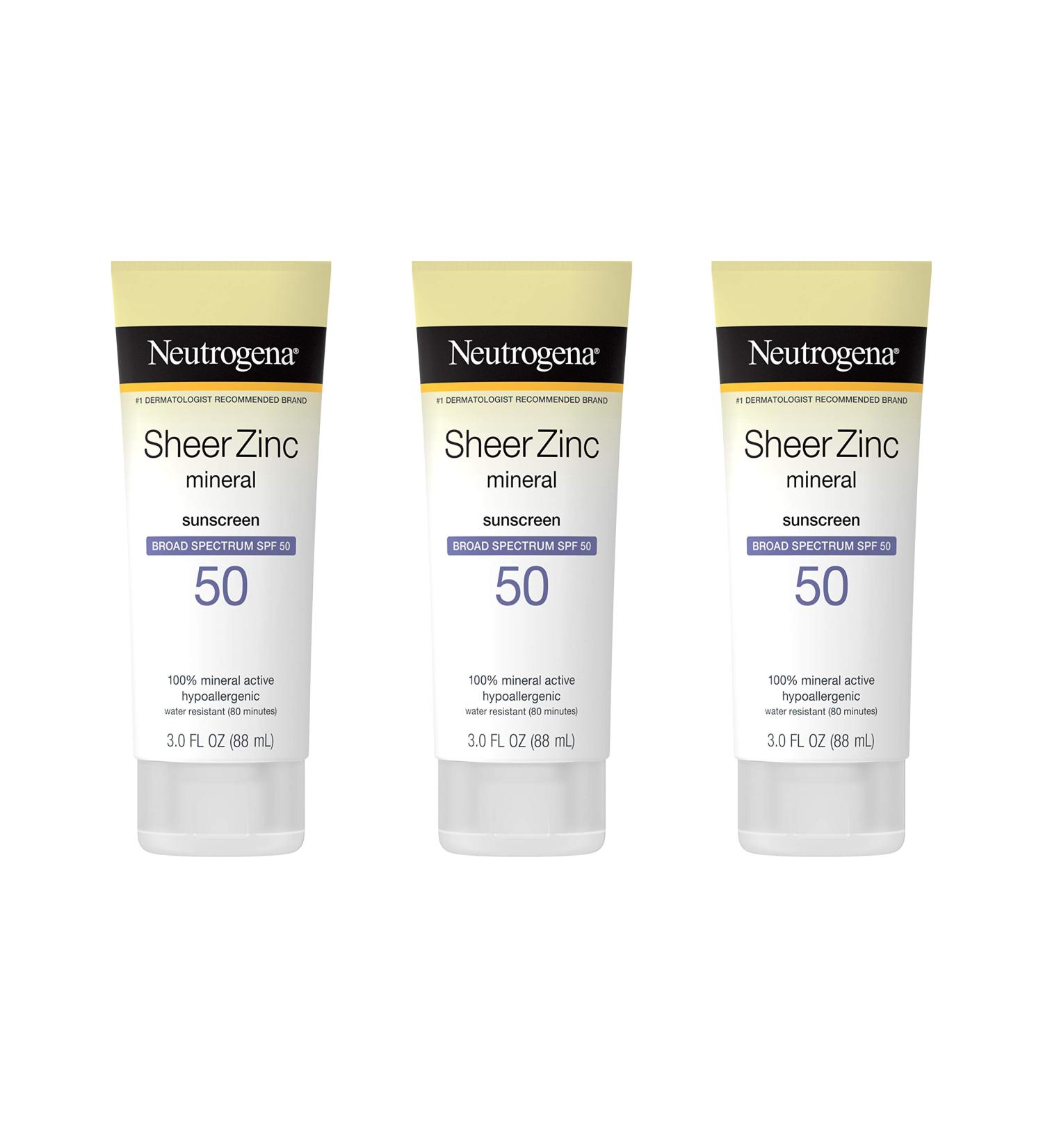 Neutrogena Sheer Zinc Oxide SPF 50 Mineral Sunscreen Lotion, 3 fl. oz (Pack of 3) - Broad Spectrum UVA/UVB Protection, Water-Resistant, Hypoallergenic, Non-Greasy & Paraben-Free - Buy Online on GoSupps.com