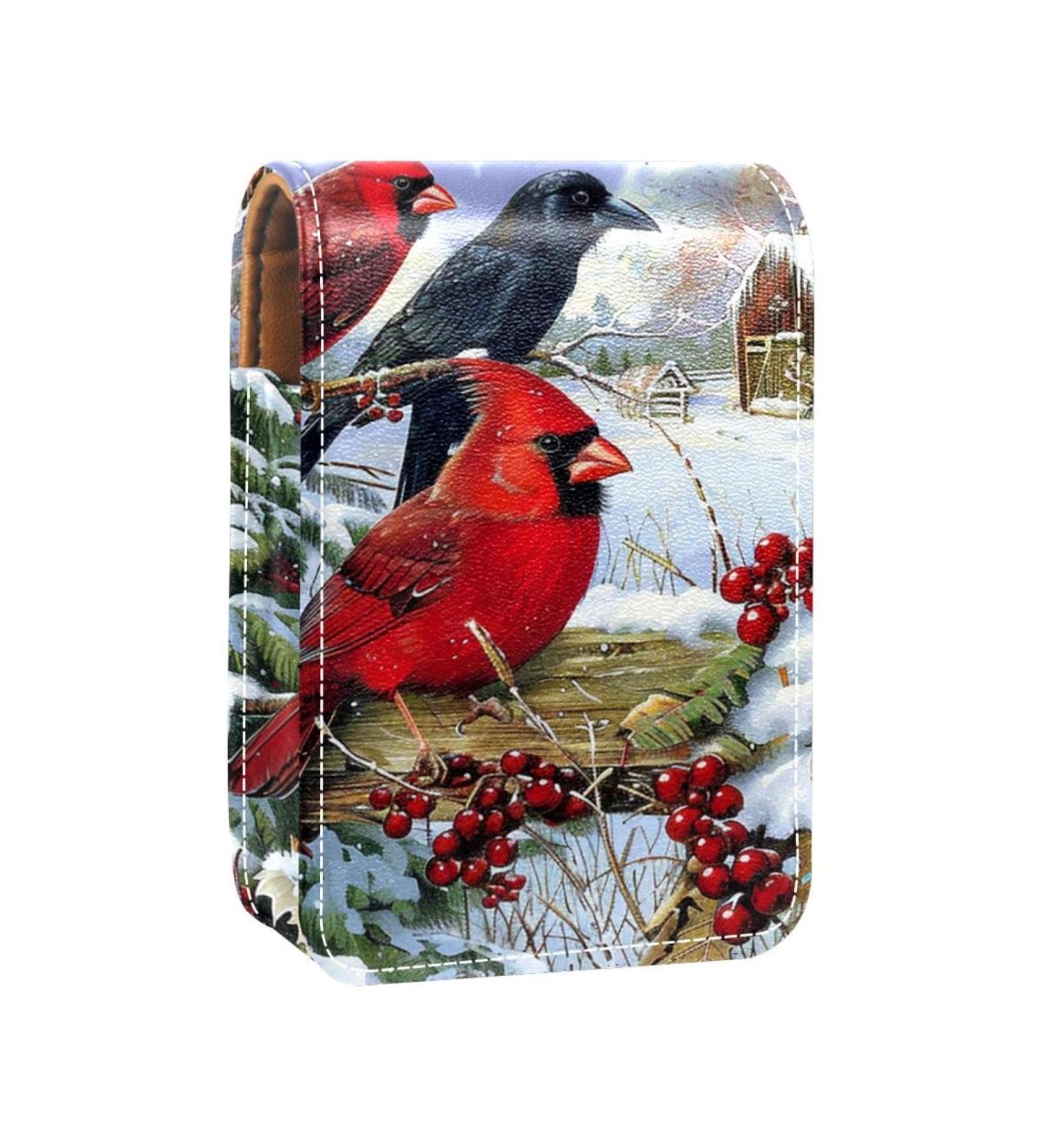 Leather Lipstick Case Organizer with Mirror - Mini Lipstick Holder Bag | Winter Red Bird Design - Buy Online on GoSupps.com