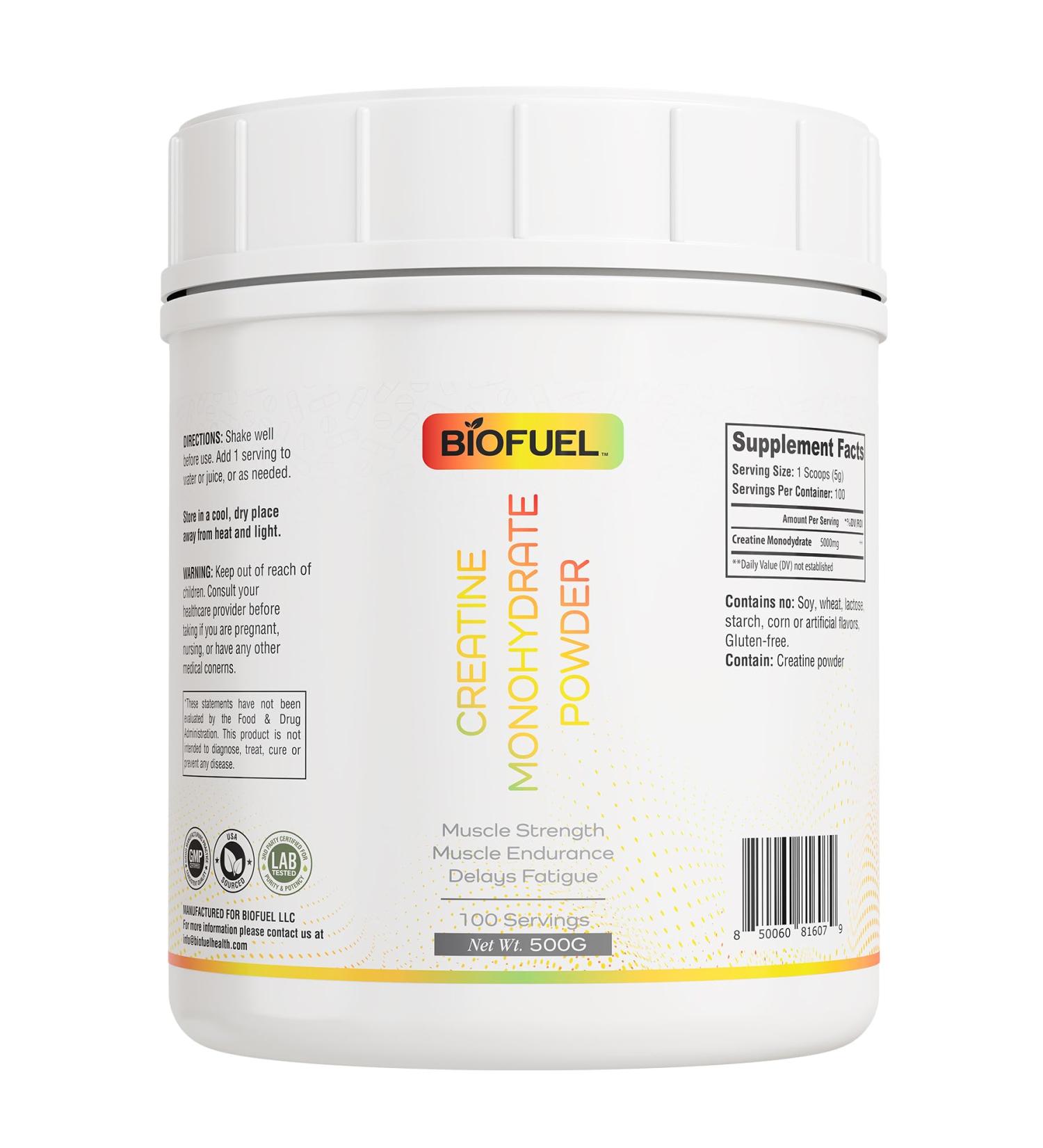 Biofuel Creatine Monohydrate Powder - Muscle Building Strength & Performance - 500g 100 Servings - International Shipping Available - Buy Online on GoSupps.com