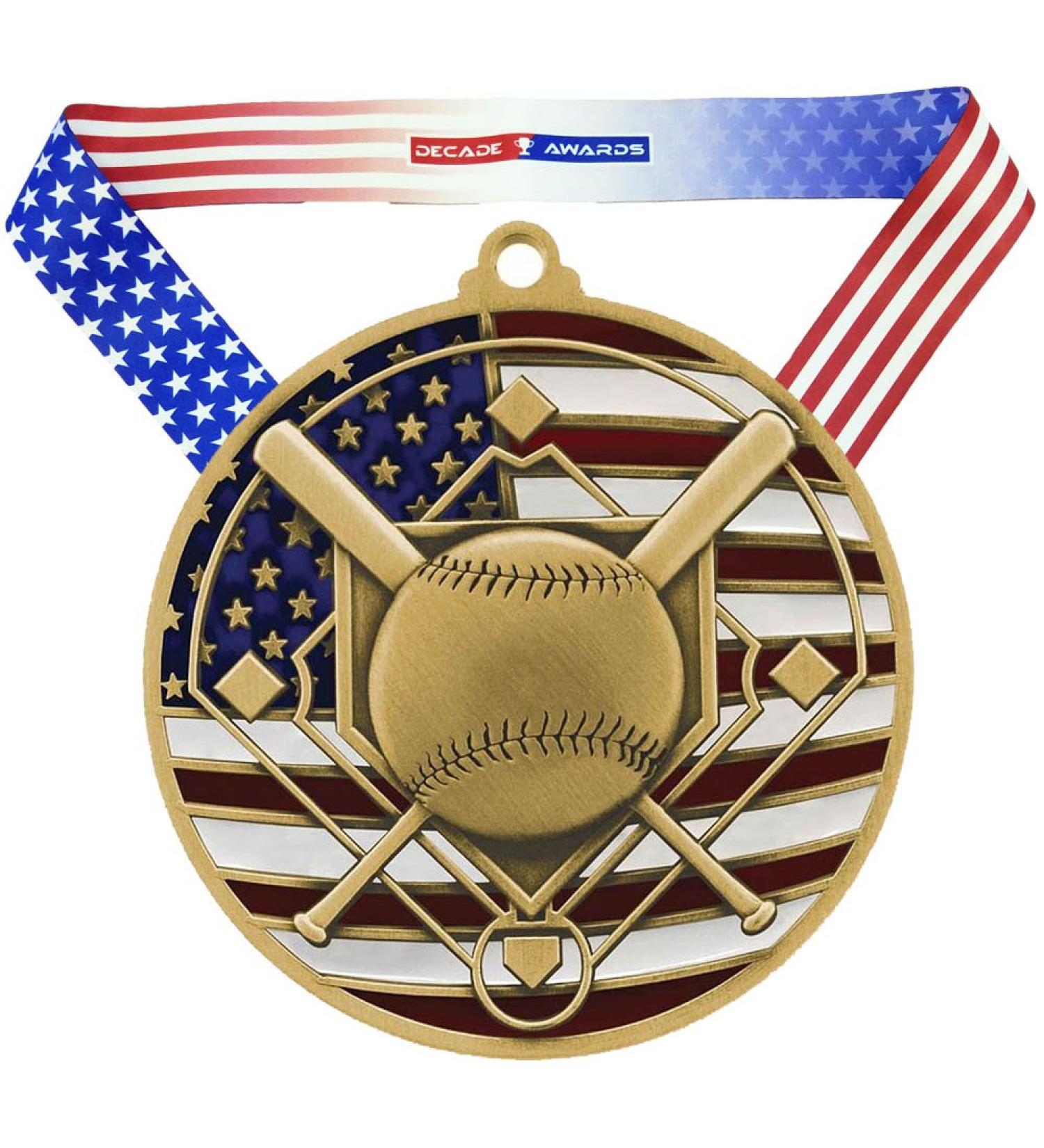 Decade Awards Patriotic Baseball Medal - 2.75 Inch Wide Medallion with American Flag Ribbon - Buy Online on GoSupps.com