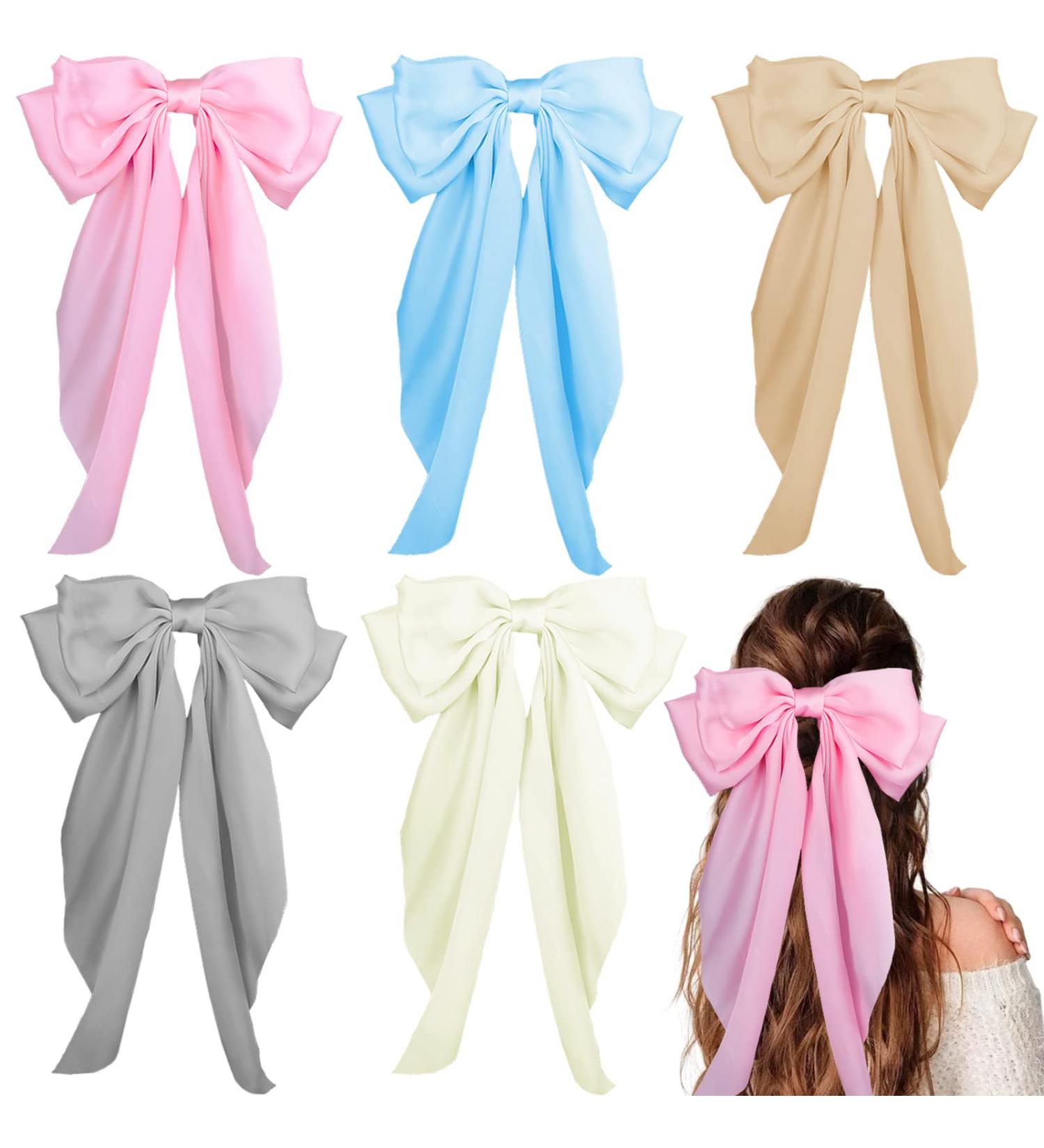 Satin Layered Hair Bow Barrette Clip with Long Tail | French Style Hair Accessory for Women and Girls - 5 Light Colors - Buy Online on GoSupps.com