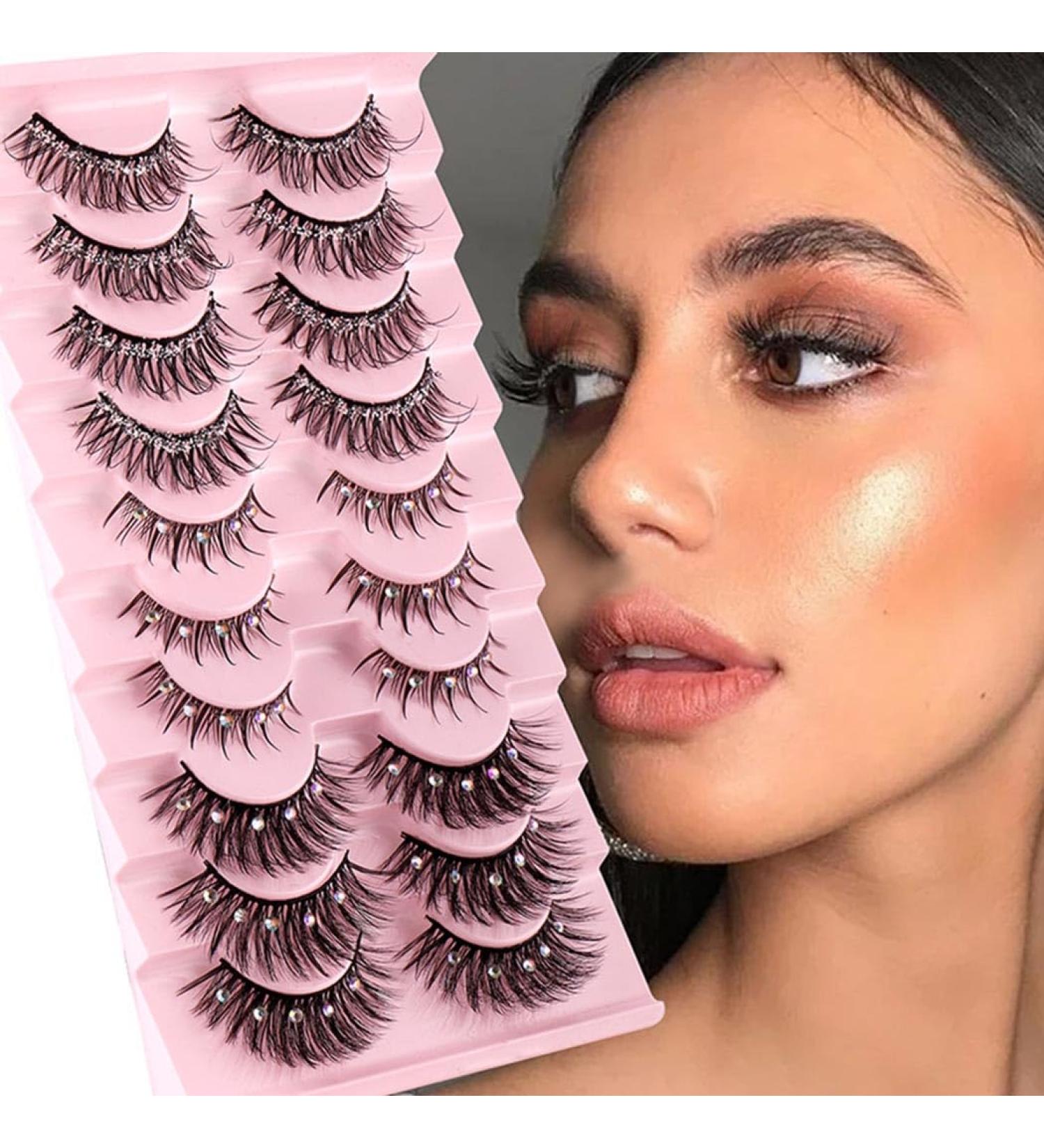 Buy Uranian Glitter Faux Mink Eyelashes - 10 Pairs Fluffy Wispy Luxury Rhinestone False Lashes for Women - Natural Look & Thick Lash Clusters - Buy Online on GoSupps.com