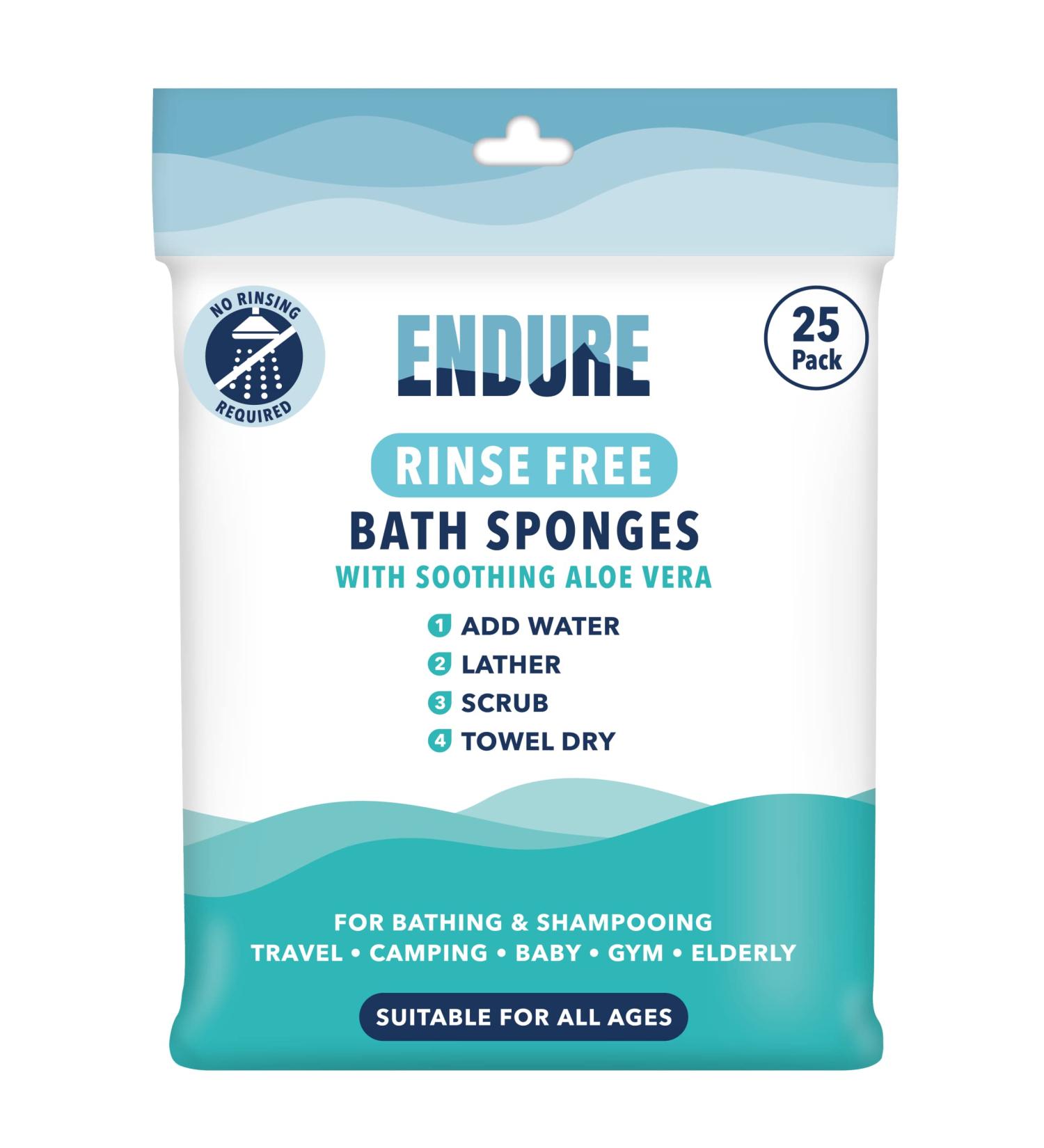 Endure Rinse Free Bath Shower Sponge Wipes - Body Wash Wipes for Bathing - Perfect for Camping Festivals Gym and Travel - Dry Sponge Wipes with Gentle Cleansing Soap. Just add Water (25 Per Pack). 25 count (Pack of 1) - Buy Online on GoSupps.com