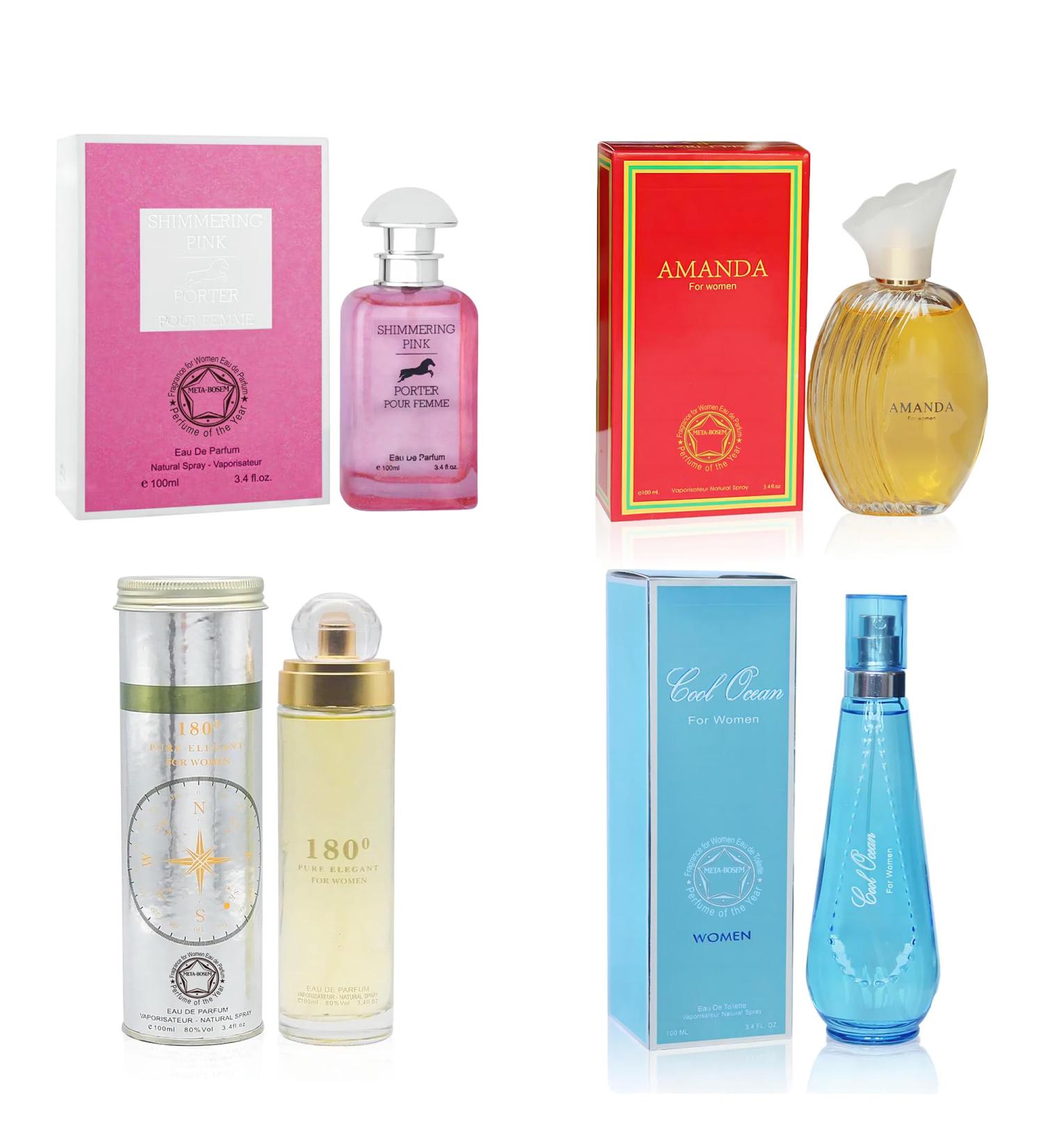 META-BOSEM 4-Pc Perfume Collection Fragrance for Women Eau de Parfum Natural Spray - Fresh Scents (Pack of 4 - Shimmering Pink+Amanda+180 Pure Scent+Cool Ocean) Each 3.4 Fl Oz Total 13.60 Oz - Buy Online on GoSupps.com