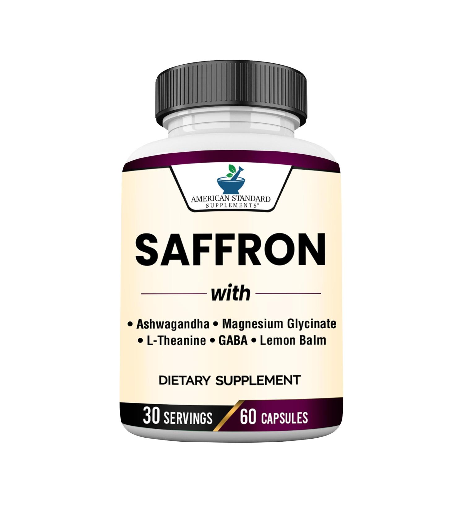 American Standard Supplements Saffron Extract 100mg Per Serving with Magnesium Glycinate Ashwagandha L-Theanine GABA Lemon Balm Vegan Non-GMO 60 Capsules - Buy Online on GoSupps.com