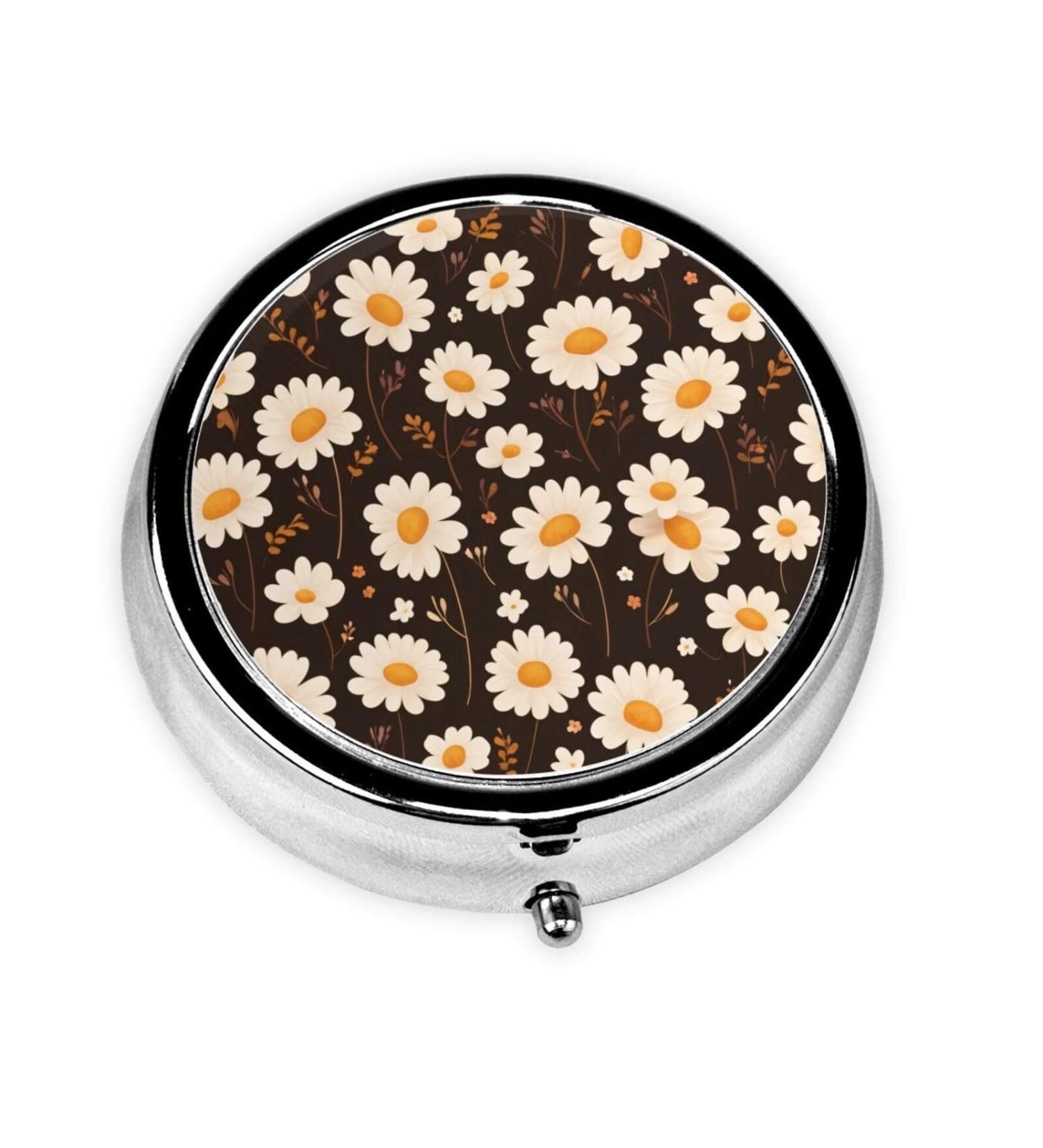 Little White Daisies Portable Metal Pill Box - Round Mini 3-Compartment Design for Small Pills | Ideal for Travel - Buy Online on GoSupps.com
