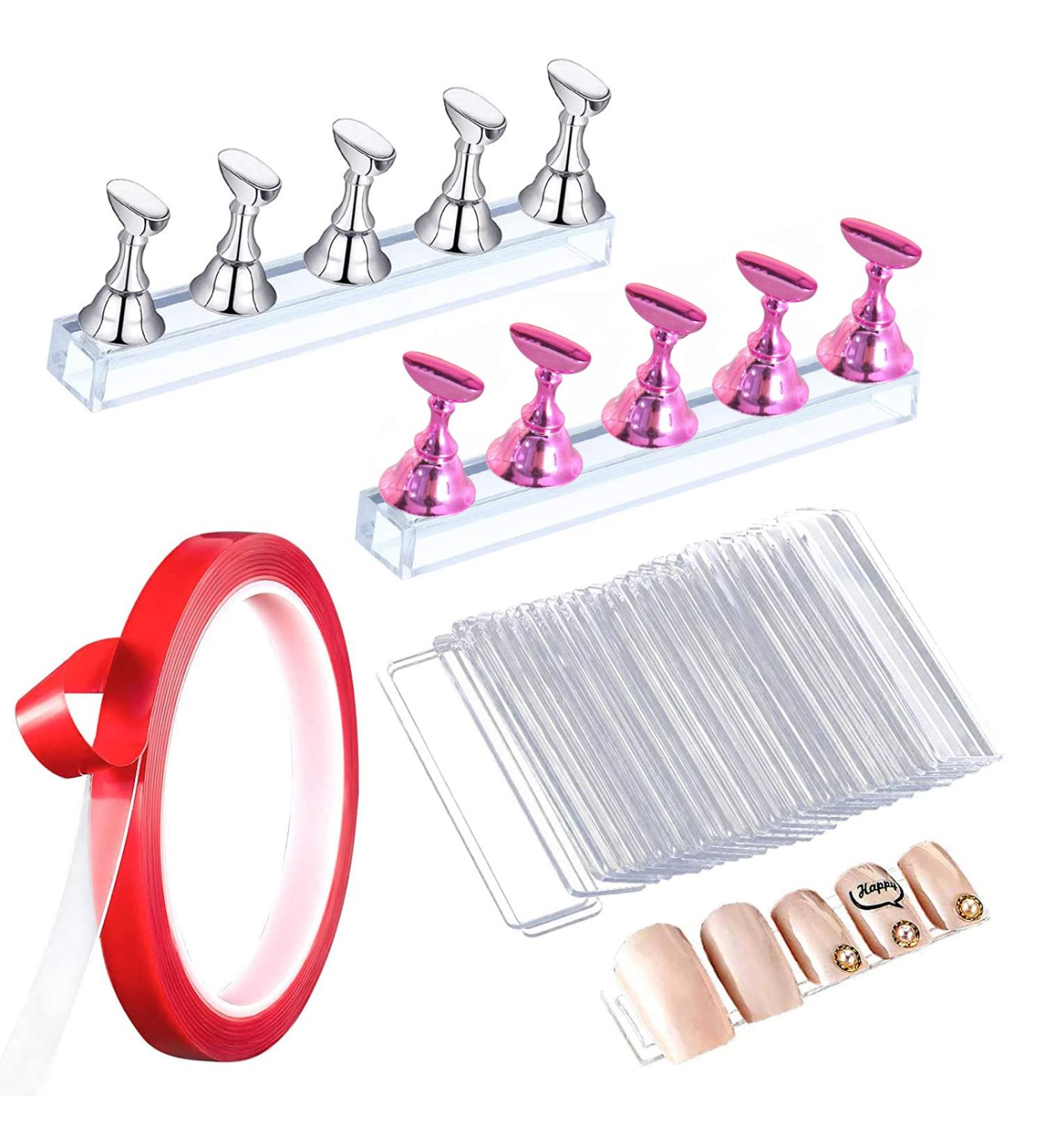 Acrylic Nail Display Stand 2 Sets | Magnetic Nail Art Practice Holder | False Nail Tip Training Tool Set (Silver Pink) - 53 Pieces - Buy Online on GoSupps.com
