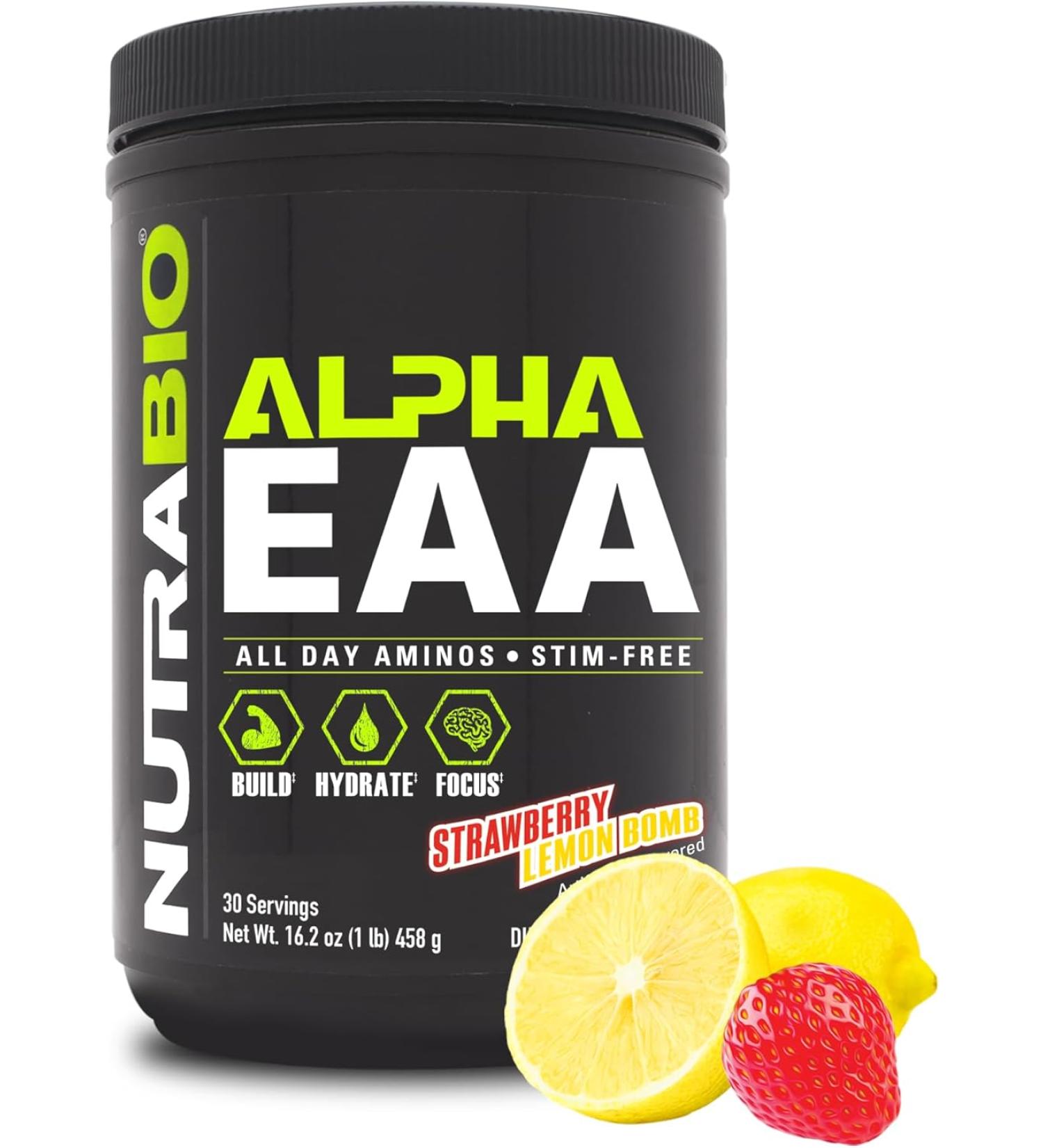 NutraBio Alpha EAA Acids for Muscle Growth Essential Amino Acids Full Spectrum EAA BCAA Powder Amino Acid Supplement 30 Servings - Strawberry Lemon - Buy Online on GoSupps.com