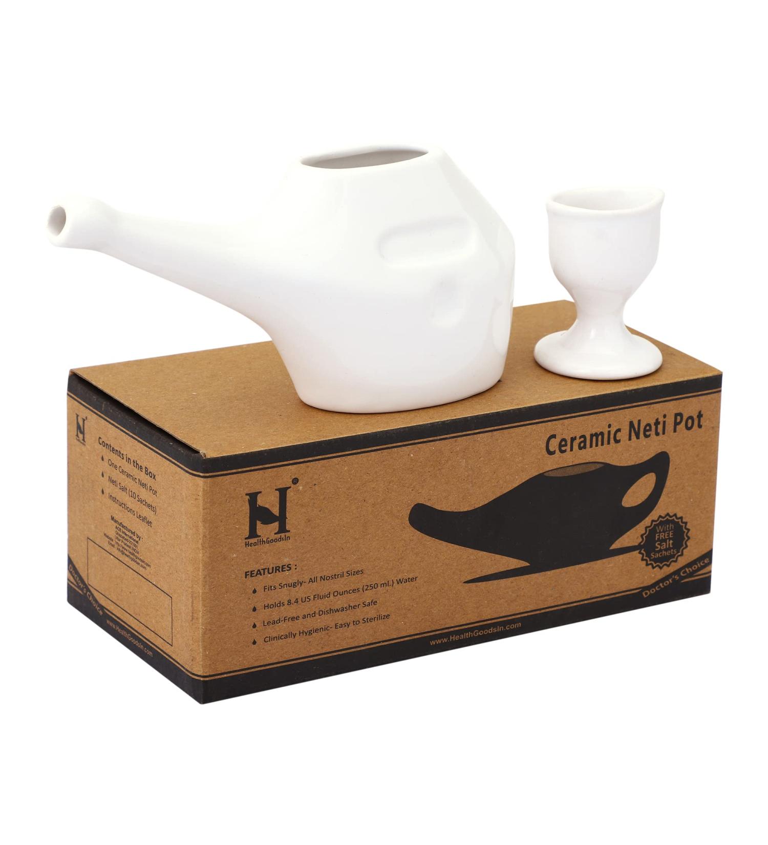 HealthGoodsIn Ceramic Neti Pot with Eye Wash Cup 225ml - Travel Friendly for Nasal Cleansing and Eye Washing - White Color - Buy Online on GoSupps.com