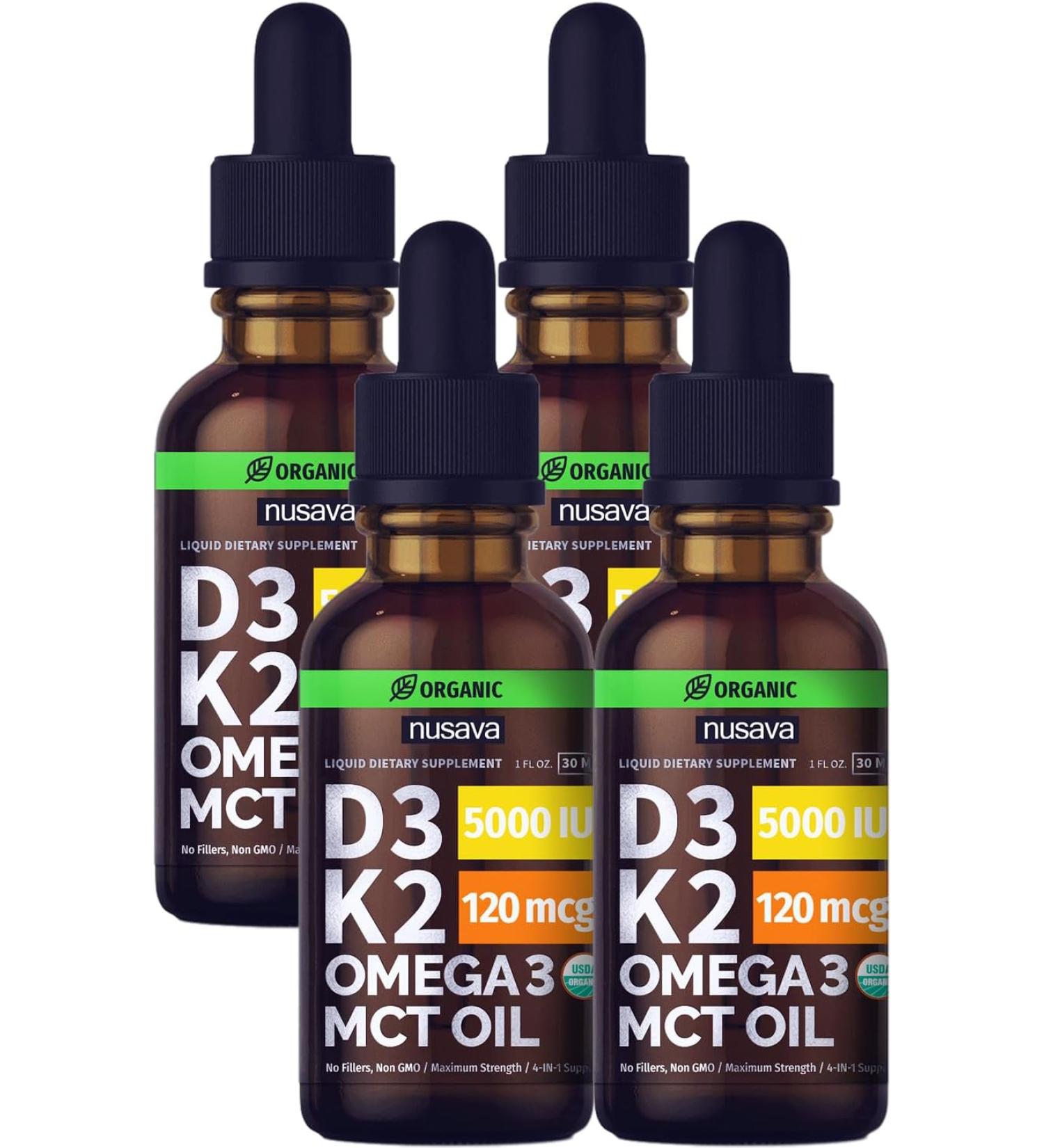 Organic Vitamin D3 K2 Drops with MCT Oil Omega 3 - 5000 IU Maximum Strength Liquid D3 - Non-GMO, No Fillers - Immune Support & Faster Absorption - Unflavored - 4 Pack 4 Fl Oz & 1 Fl Oz - Buy Online on GoSupps.com