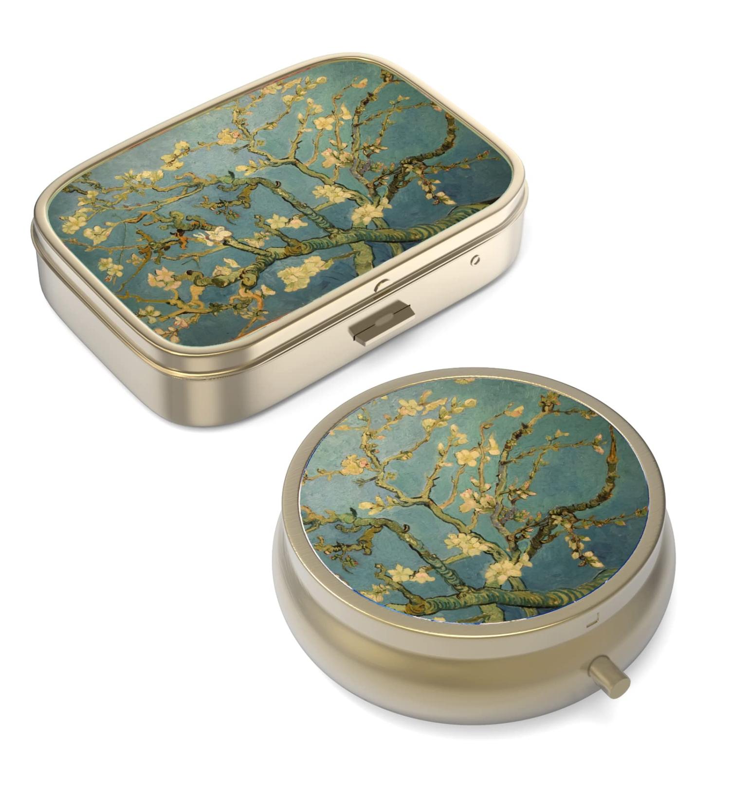 Vangog Art Retro Pill Box with Mirror | 2-Piece Compact Bronze Pill Container for Vitamins Fish Oil & Supplements | Perfect Travel Gift - Buy Online on GoSupps.com