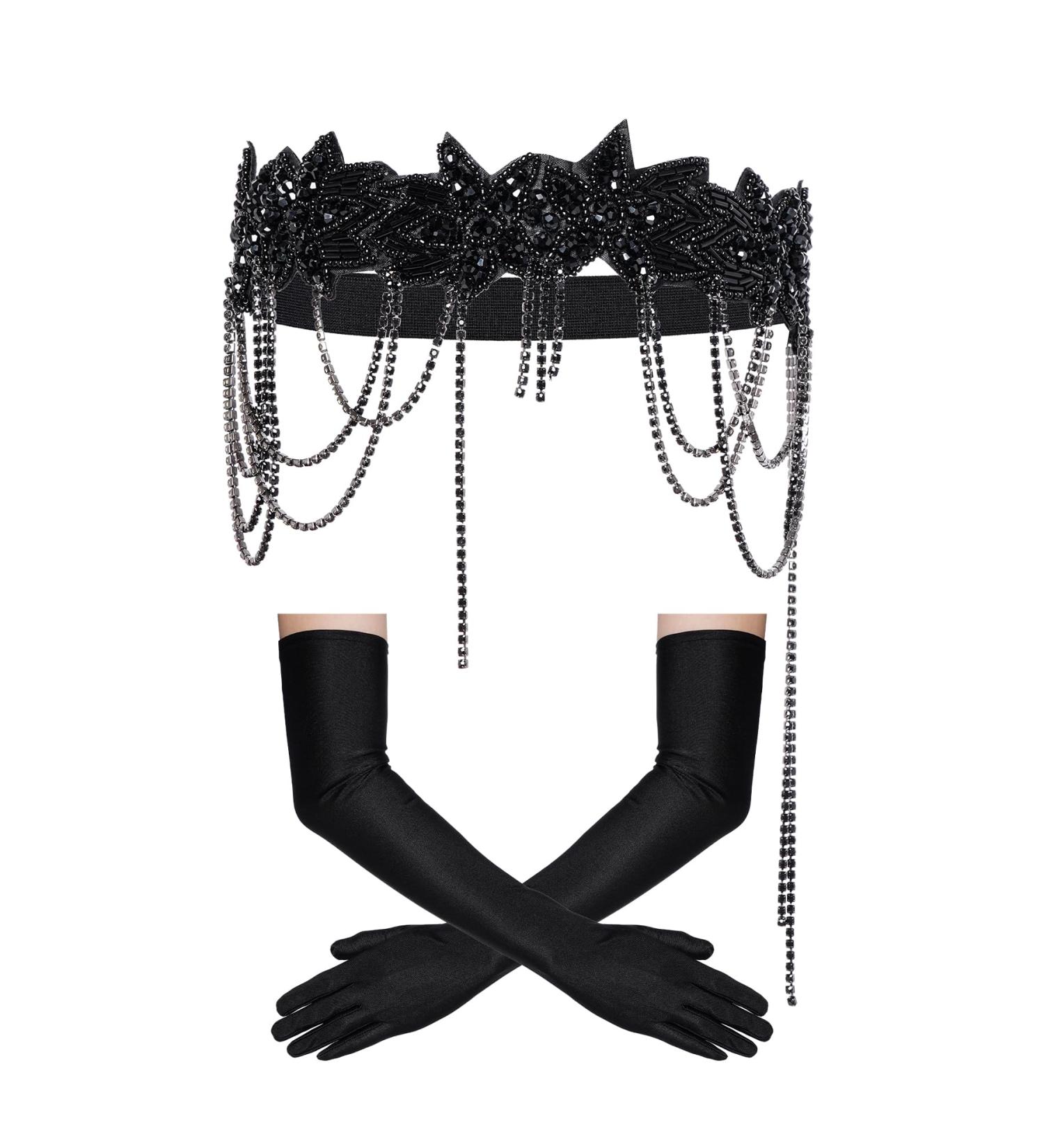 choyaxo 1920s Flapper Great Gatsby Accessories Set 1920s headpiece Roaring 20s Headband Long Gloves for Women Black Standard - Buy Online on GoSupps.com