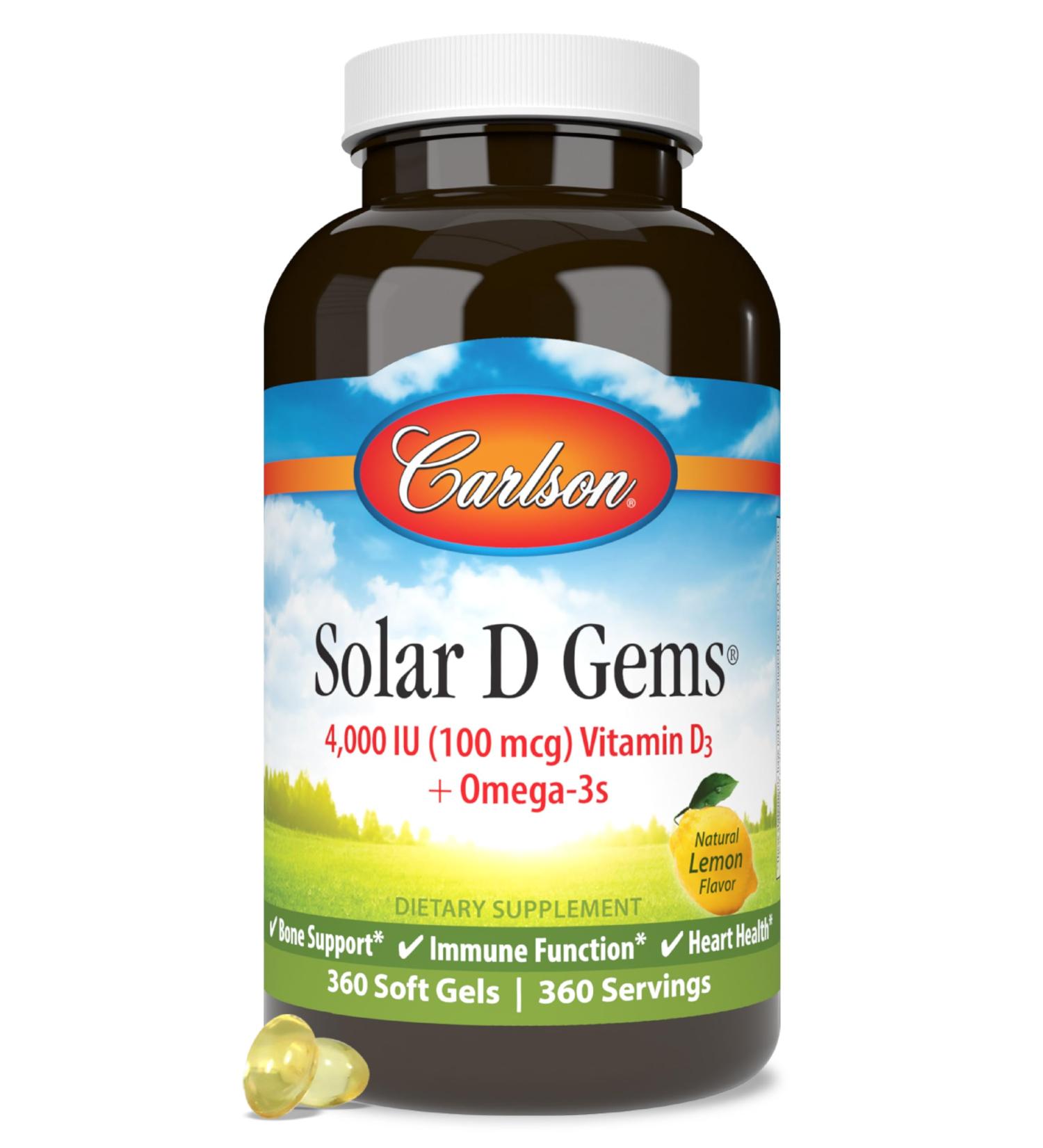 Carlson - Solar D Gems Vitamin D3 and Omega-3 Supplement 4000 IU (100 mcg) D3 115 mg Omega-3 EPA and DHA Vitamin D Fish Oil Capsule Bone & Immune Health Vitamin D Supplement Lemon 360 Softgels 360 Count (Pack of 1) - Buy Online on GoSupps.com