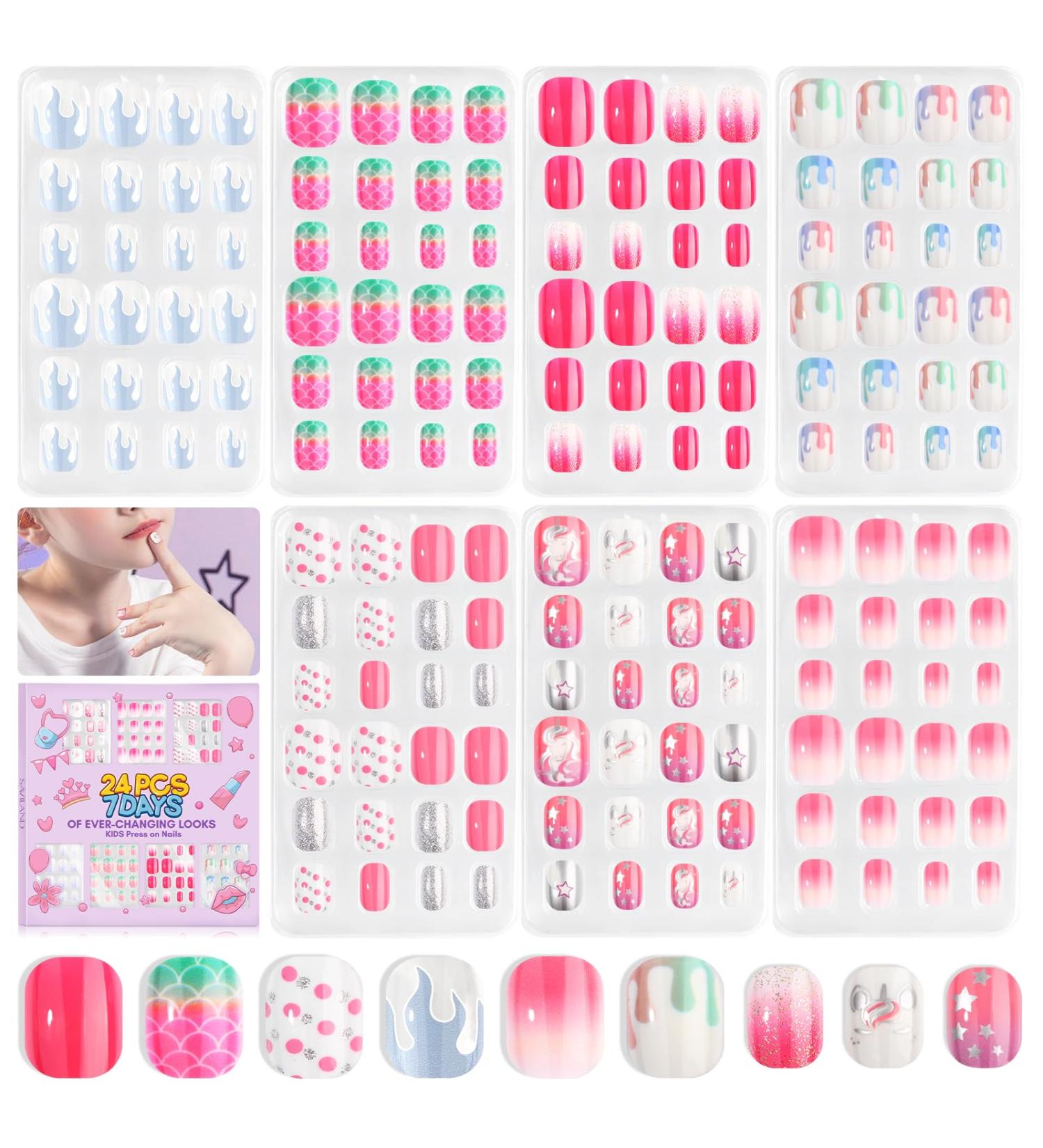 SAVILAND 168Pcs Press on Nails - Kids Nail Art | Glitter Gradient Stick on Nails for Girls Ages 8-12 | Short Acrylic Tips in Blue Pink White Silver - Buy Online on GoSupps.com
